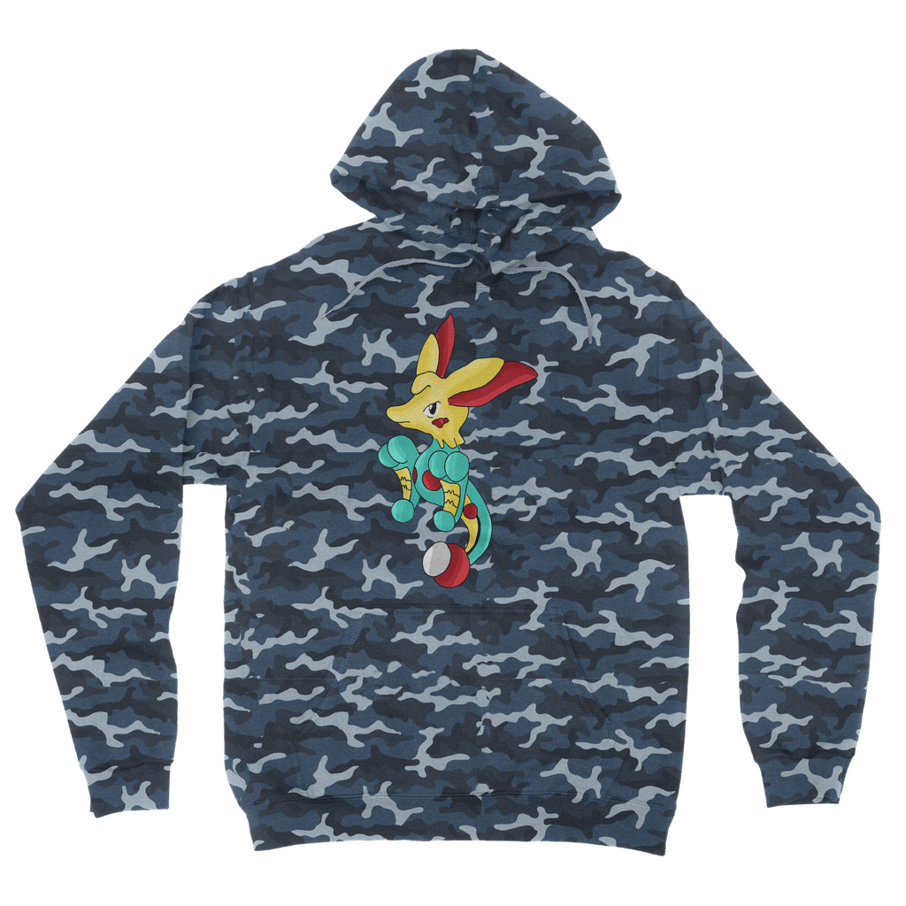 Fabaryu Camouflage Adult Hoodie featuring an all-over camo design, kangaroo pouch pocket, and flat lace drawcords.