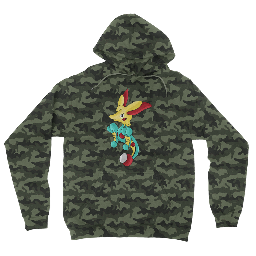Fabaryu Camouflage Adult Hoodie featuring an all-over camo design, kangaroo pouch pocket, and flat lace drawcords.
