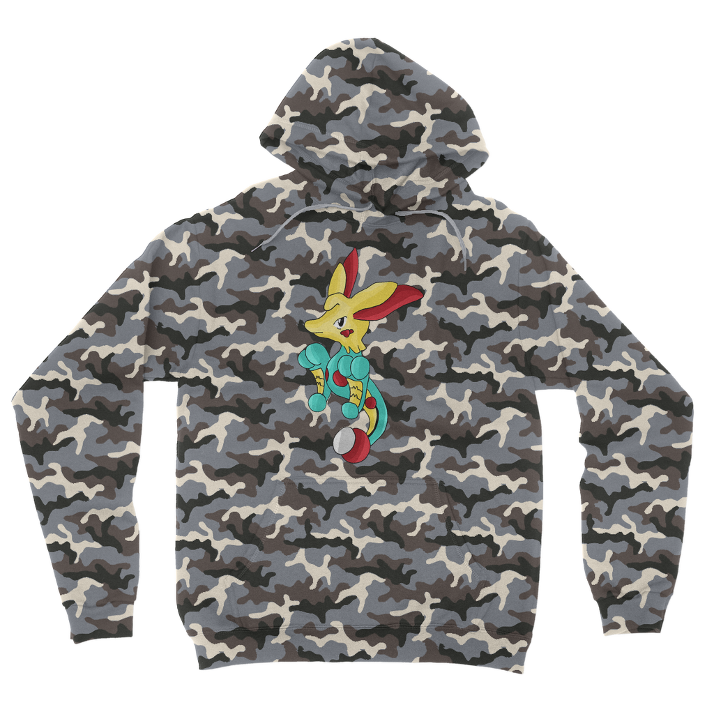 Fabaryu Camouflage Adult Hoodie featuring an all-over camo design, kangaroo pouch pocket, and flat lace drawcords.