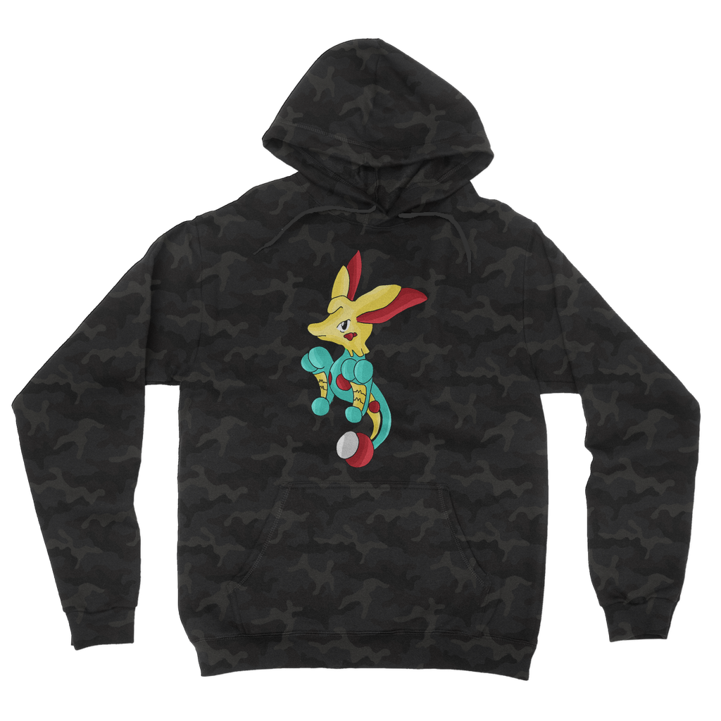 Fabaryu Camouflage Adult Hoodie featuring an all-over camo design, kangaroo pouch pocket, and flat lace drawcords.