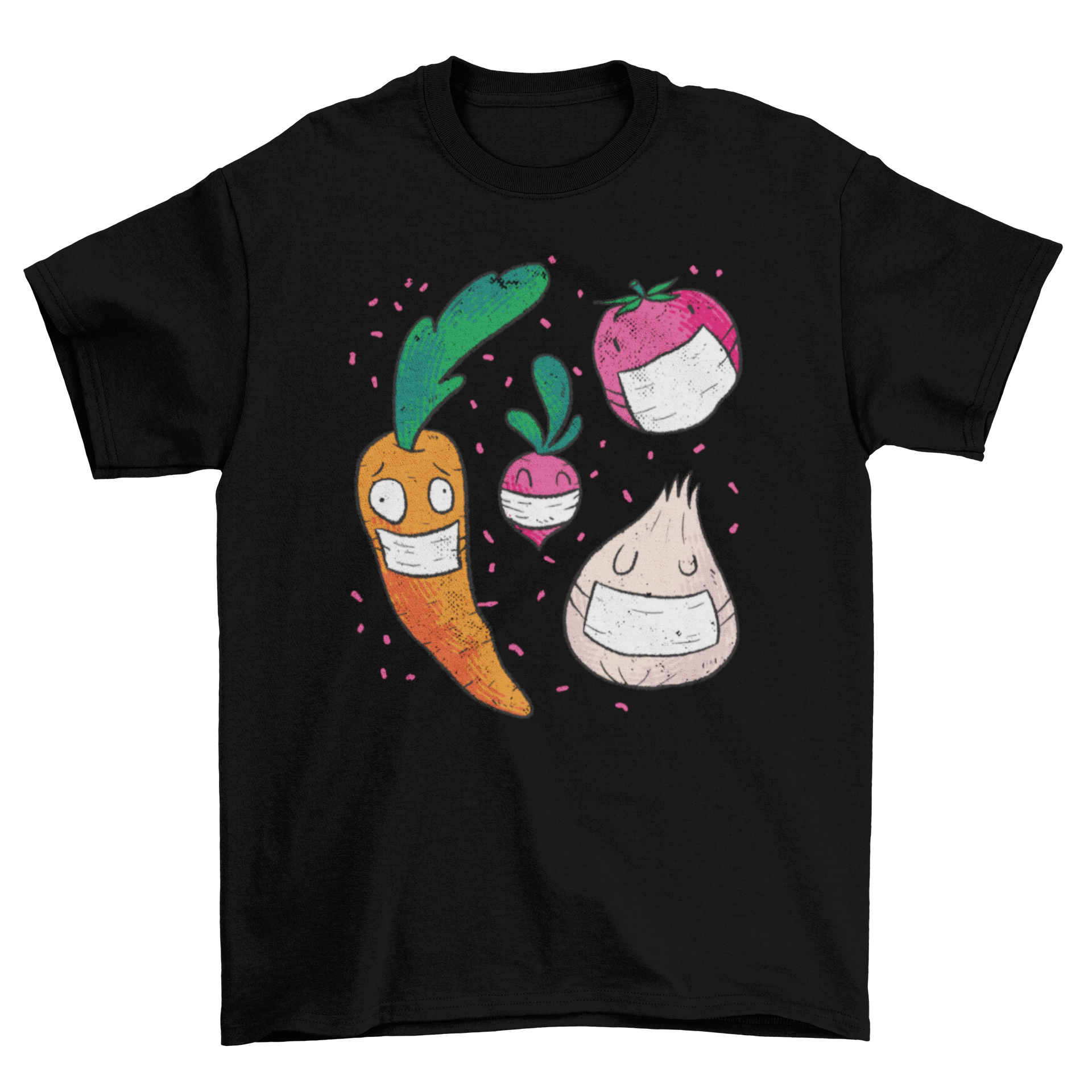 Colorful t-shirt design featuring cartoon vegetables wearing face masks, showcasing a fun and playful style.