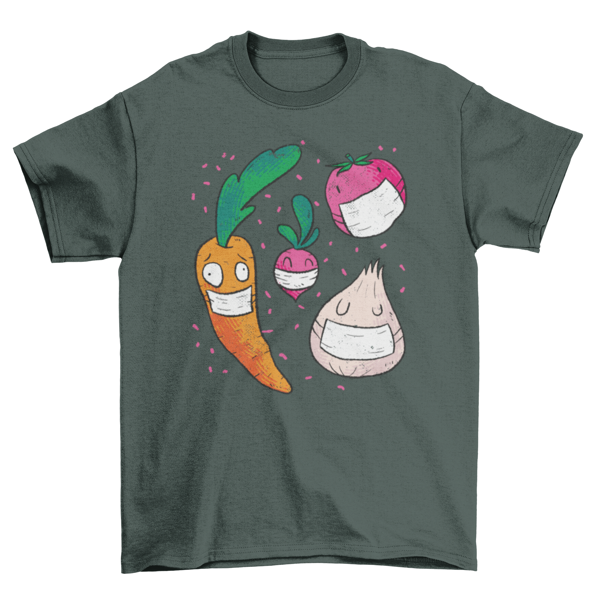 Colorful t-shirt design featuring cartoon vegetables wearing face masks, showcasing a fun and playful style.