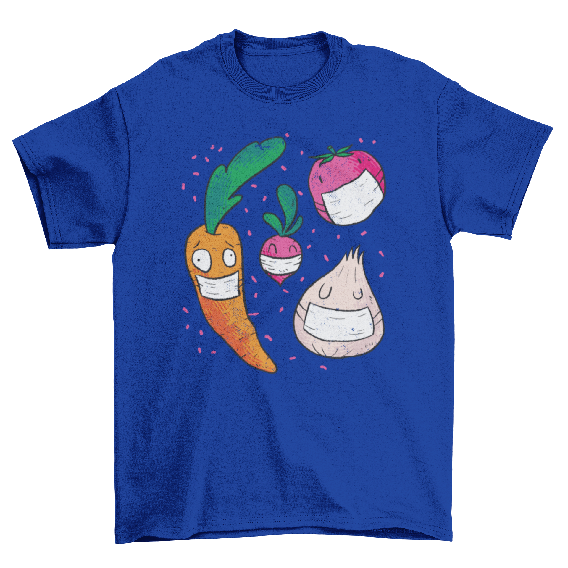 Colorful t-shirt design featuring cartoon vegetables wearing face masks, showcasing a fun and playful style.