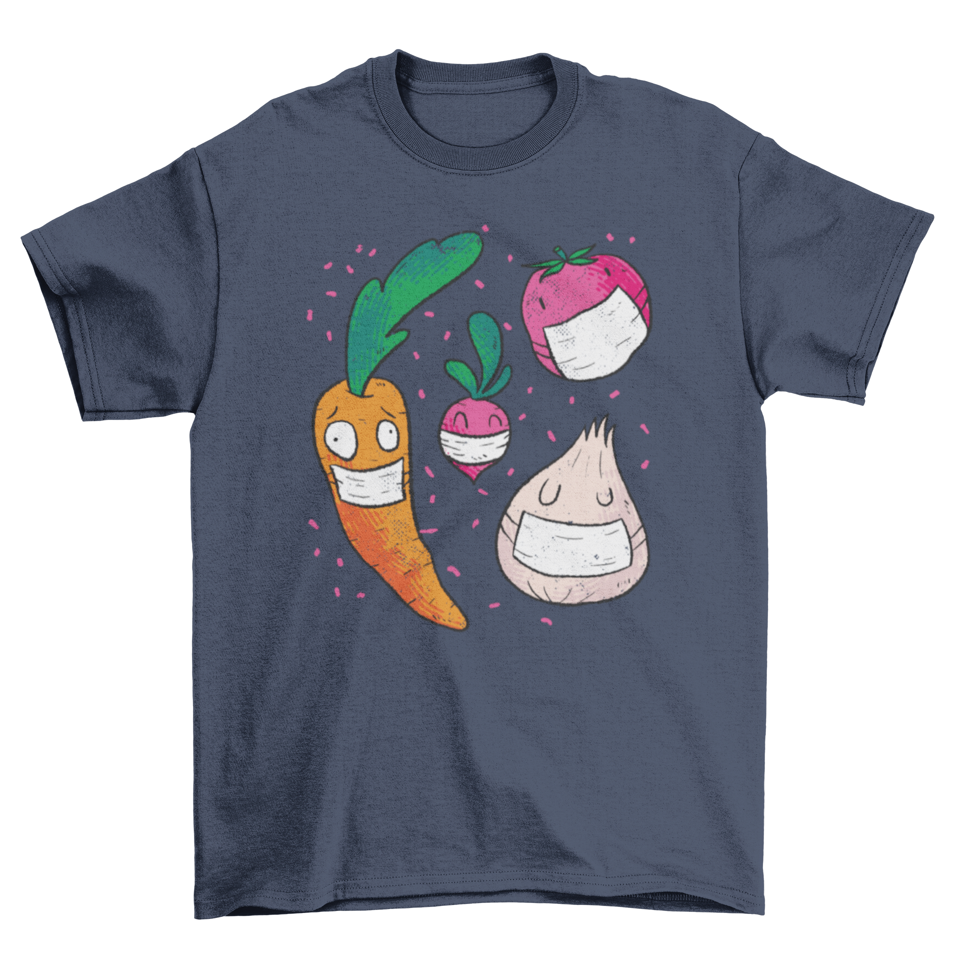 Colorful t-shirt design featuring cartoon vegetables wearing face masks, showcasing a fun and playful style.