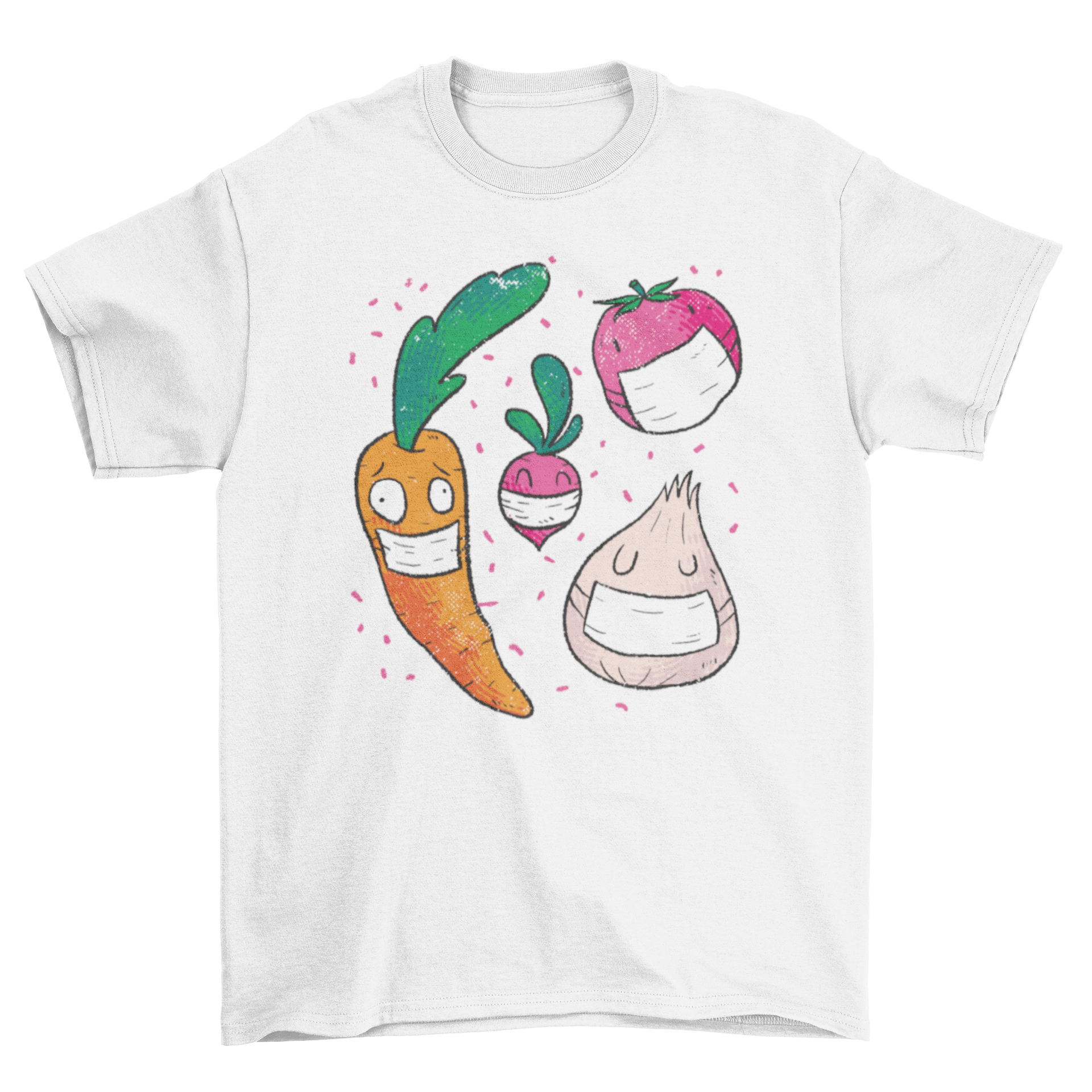 Colorful t-shirt design featuring cartoon vegetables wearing face masks, showcasing a fun and playful style.