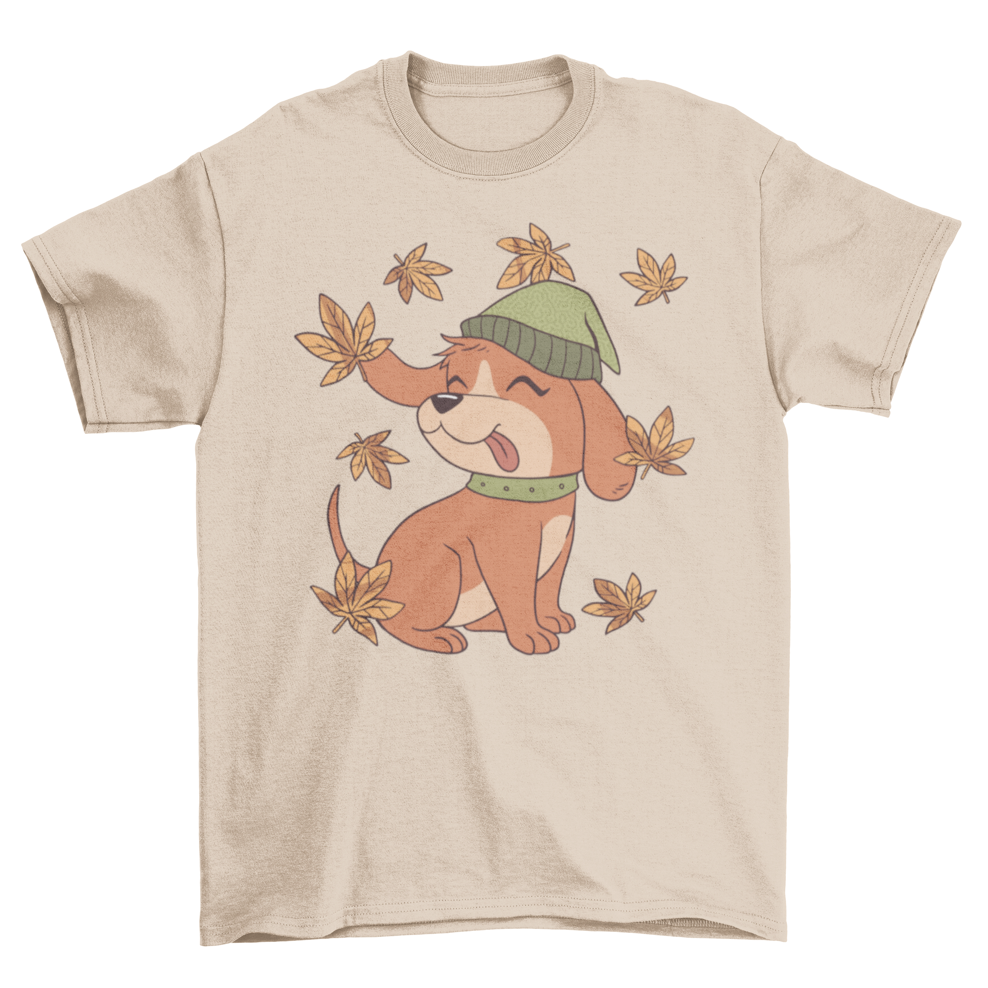 A cute Fall dog t-shirt featuring a puppy illustration surrounded by colorful autumn leaves.