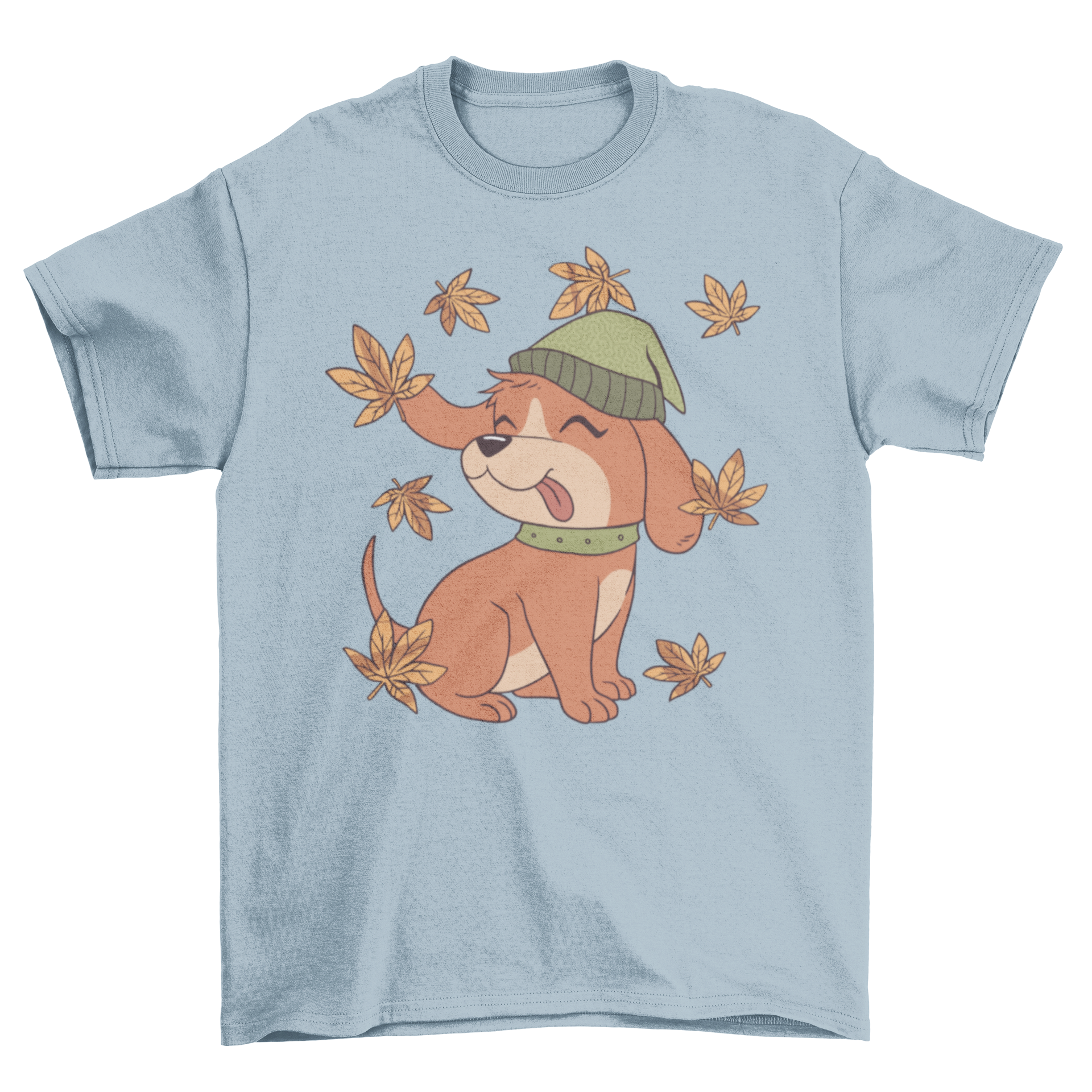 A cute Fall dog t-shirt featuring a puppy illustration surrounded by colorful autumn leaves.