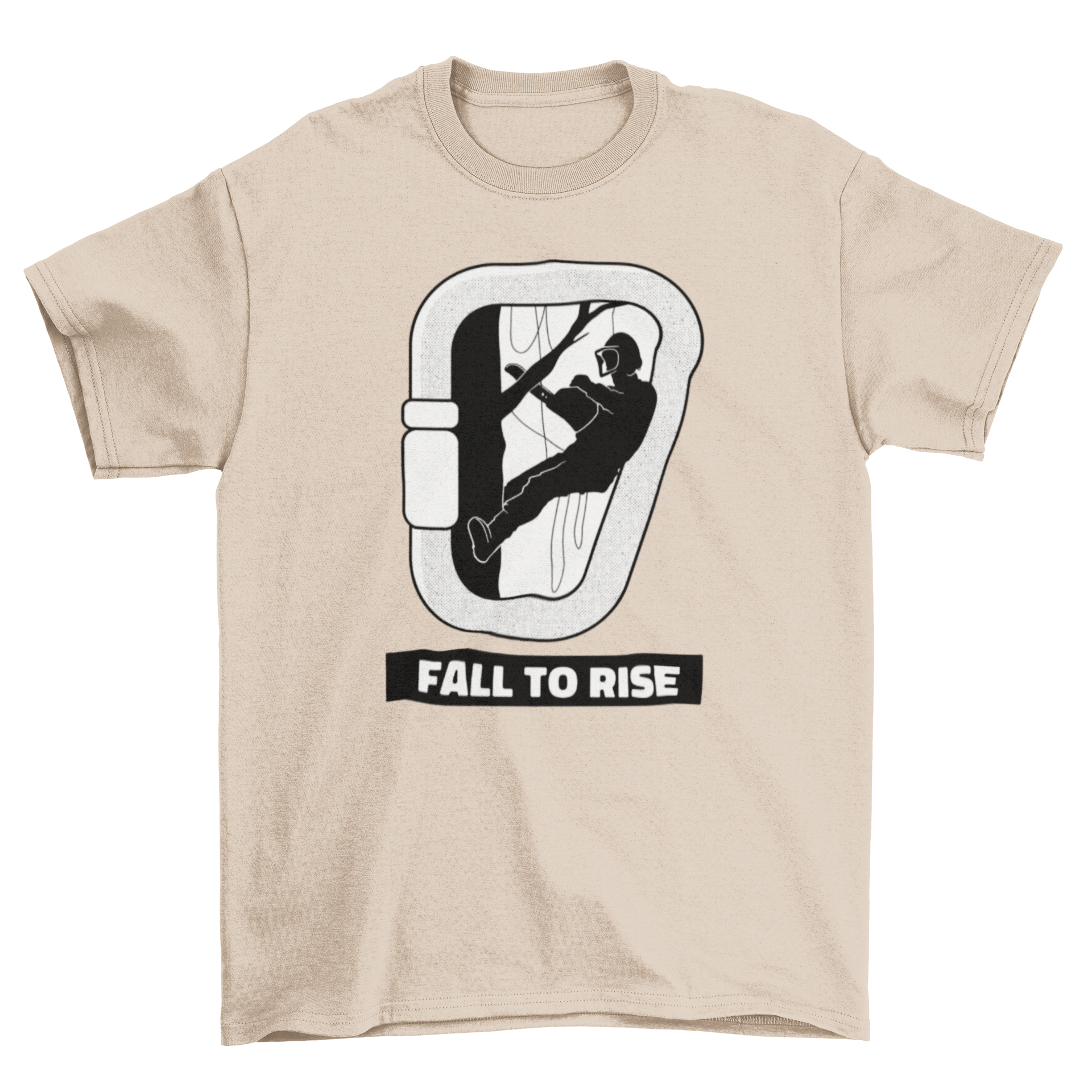 Fall to Rise T-Shirt featuring an arborist design inside a carabiner with the quote 'Fall to Rise'.
