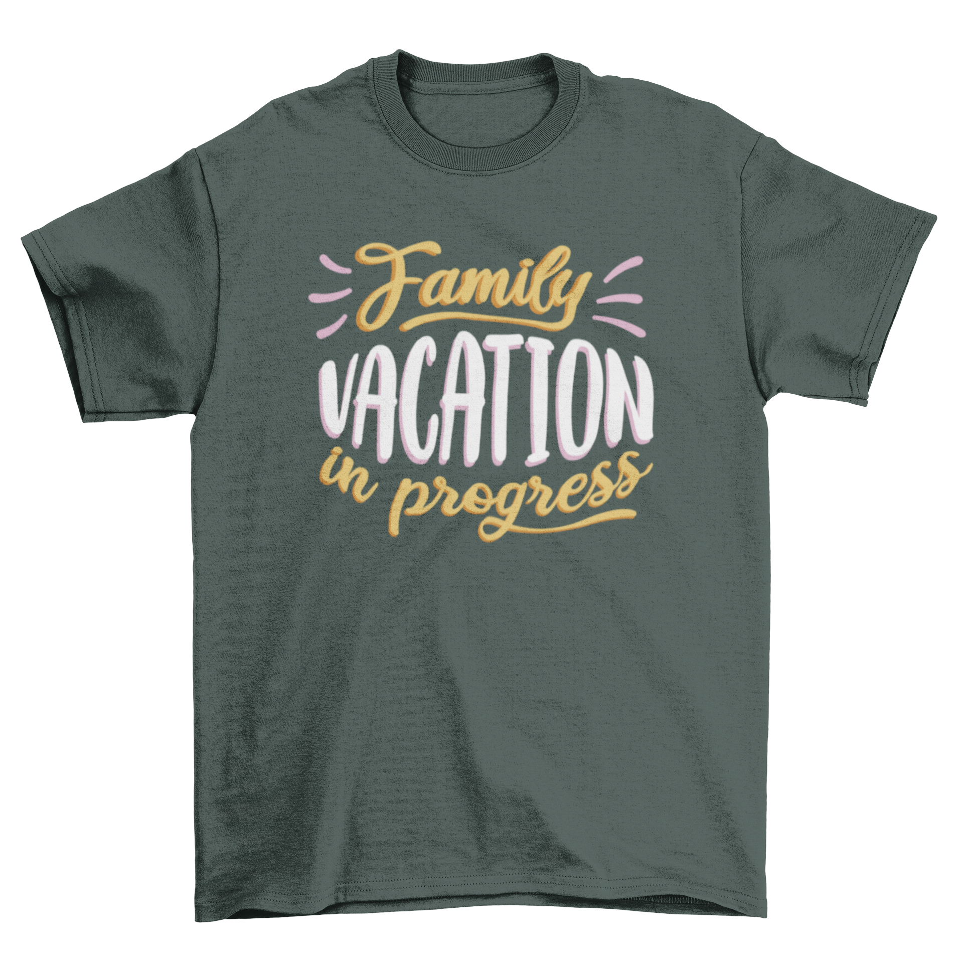 A stylish t-shirt featuring the quote 'Family vacation in progress' in bold lettering, perfect for family outings.