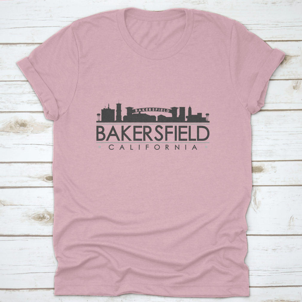 A stylish t-shirt featuring the skyline silhouette of famous monuments in Bakersfield, California, showcasing its unique landmarks.