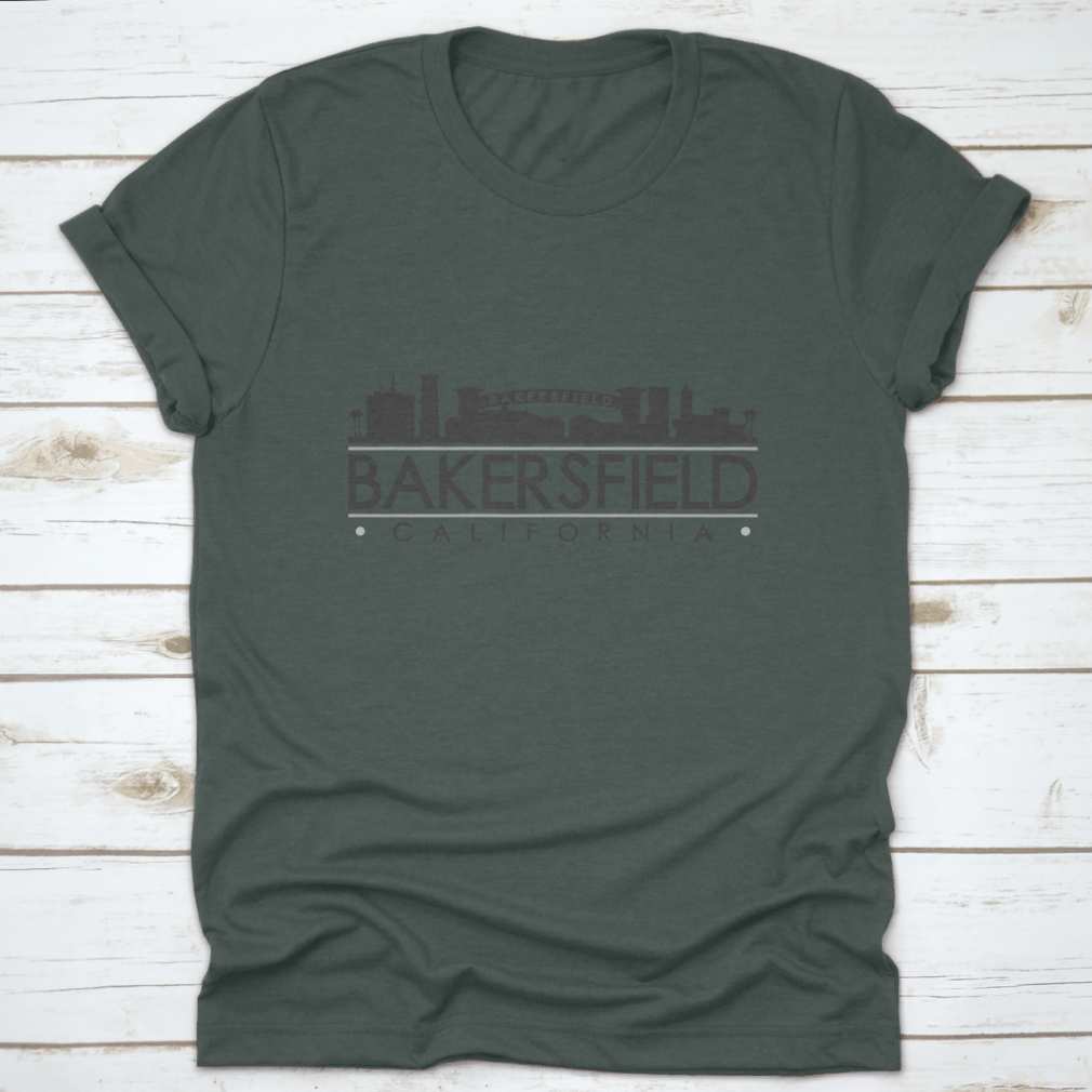 A stylish t-shirt featuring the skyline silhouette of famous monuments in Bakersfield, California, showcasing its unique landmarks.