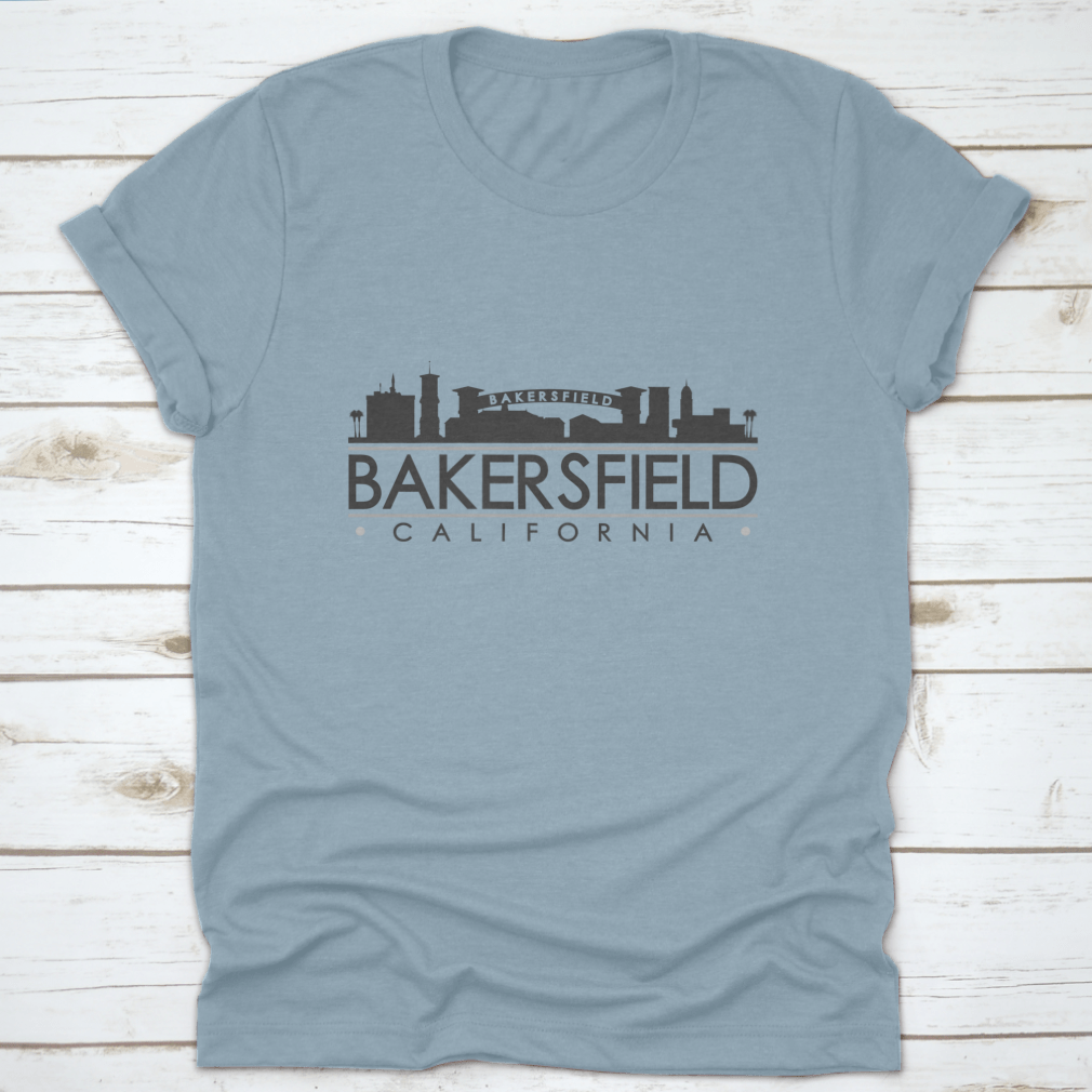 A stylish t-shirt featuring the skyline silhouette of famous monuments in Bakersfield, California, showcasing its unique landmarks.