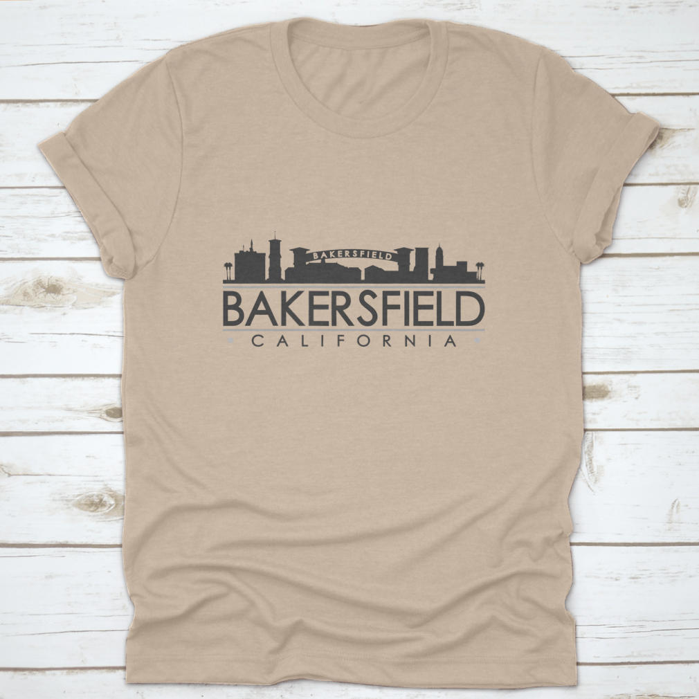 A stylish t-shirt featuring the skyline silhouette of famous monuments in Bakersfield, California, showcasing its unique landmarks.