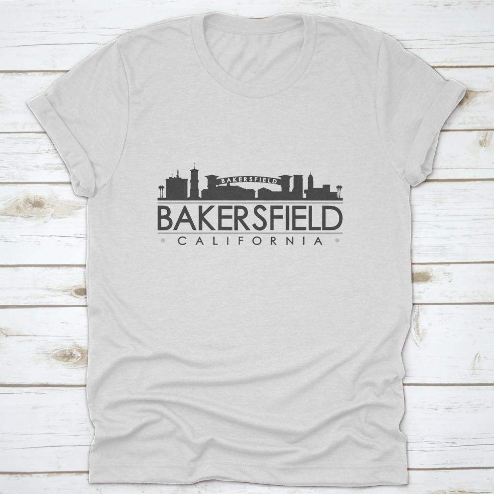 A stylish t-shirt featuring the skyline silhouette of famous monuments in Bakersfield, California, showcasing its unique landmarks.