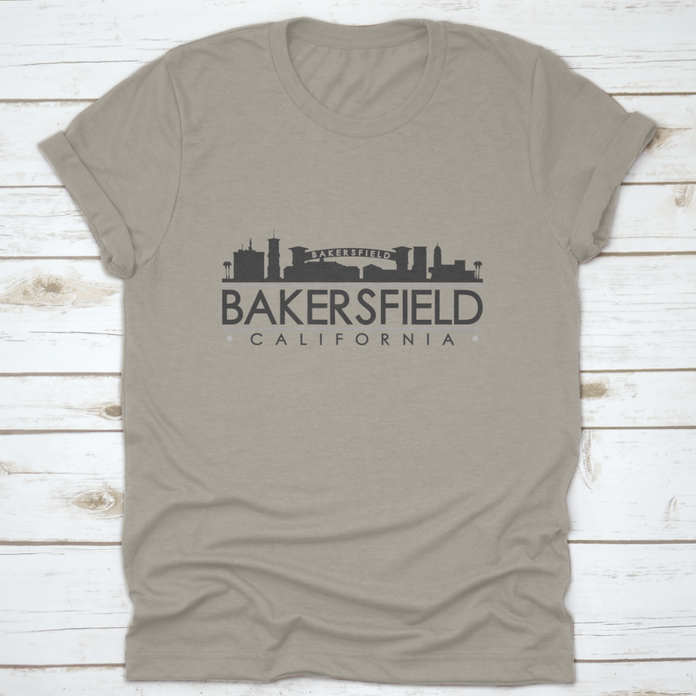 A stylish t-shirt featuring the skyline silhouette of famous monuments in Bakersfield, California, showcasing its unique landmarks.