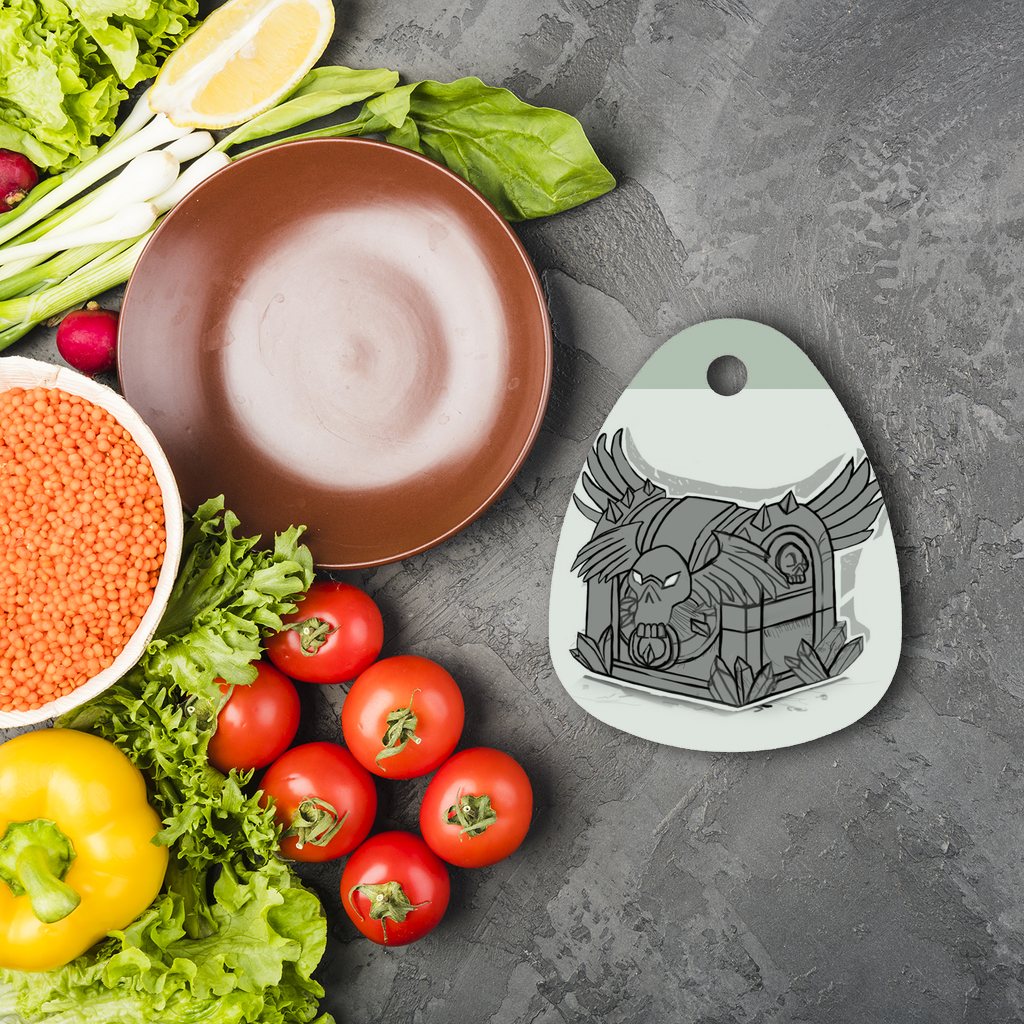 Fantasy Chest Sublimation Glass Cutting Board with a sleek design, featuring a water droplet shape and customizable surface for artwork.