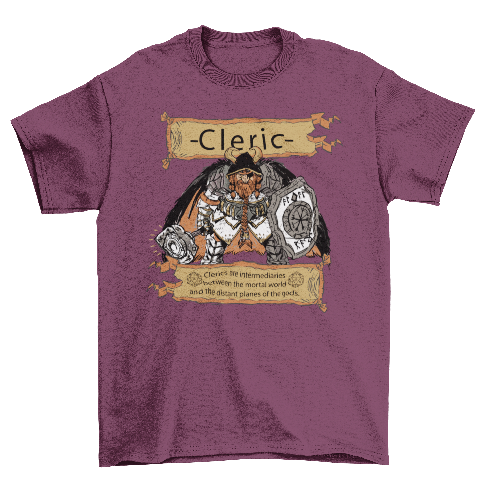 Fantasy cleric RPG character t-shirt featuring a detailed design and an inspiring quote.