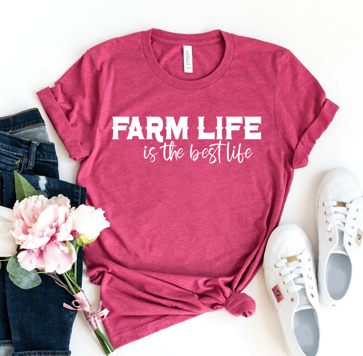 Farm Life T-shirt made of premium ring spun cotton, featuring a high-quality flex print design, available in various sizes.