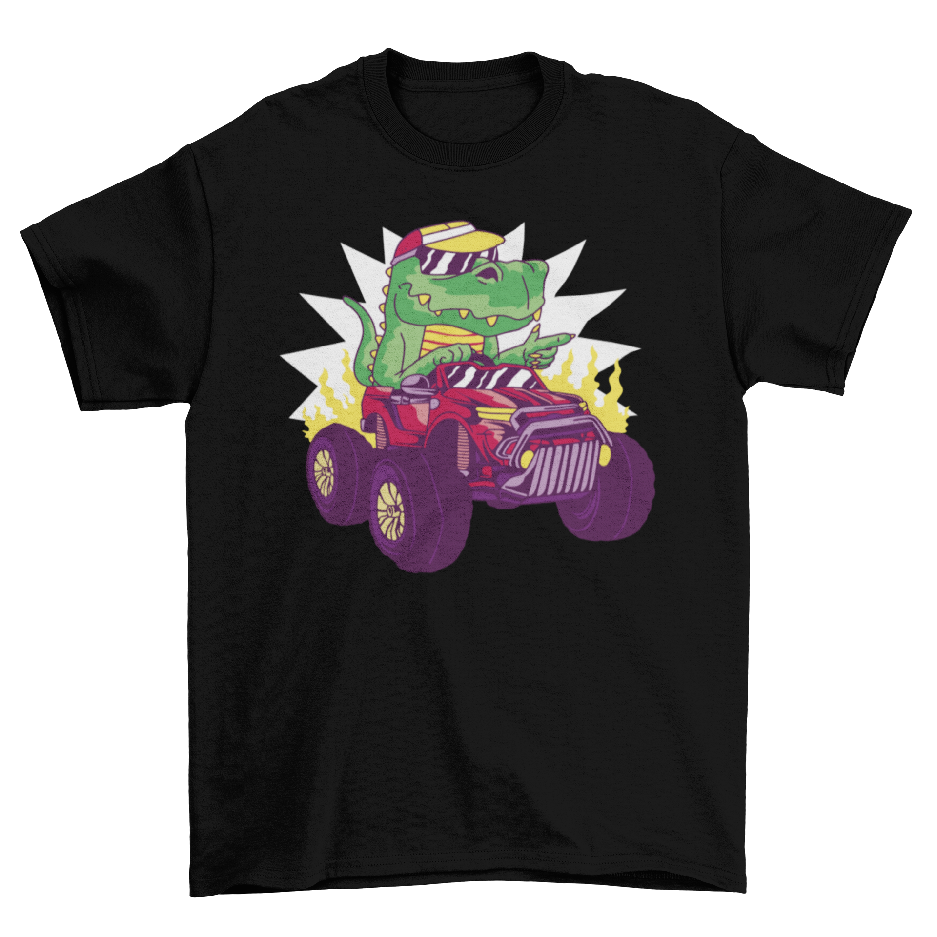 A vibrant t-shirt featuring a T-rex dinosaur driving a colorful monster truck, showcasing a fun and adventurous design.
