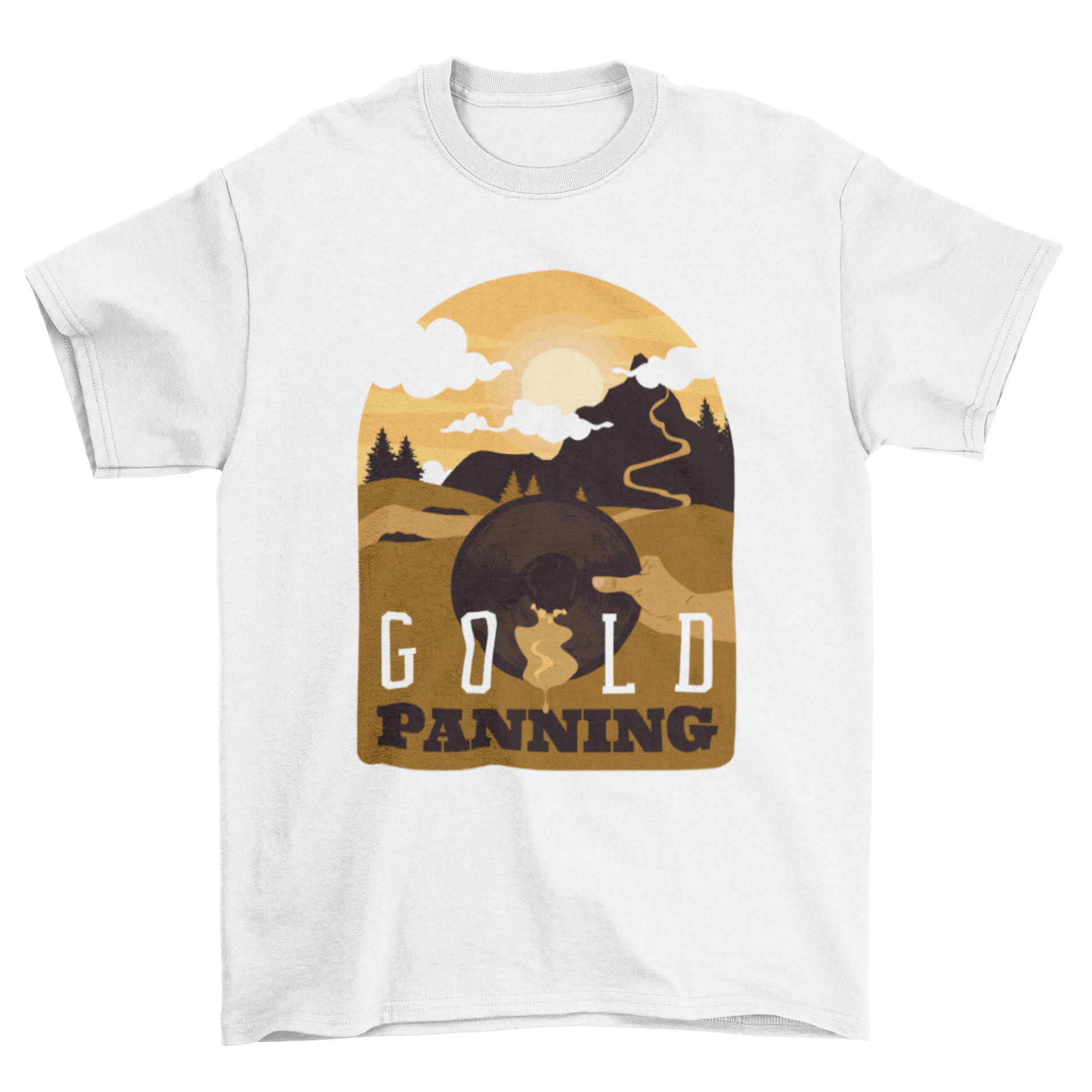 Artistic T-shirt design featuring gold panning in mountain hills, showcasing vibrant colors and intricate details.