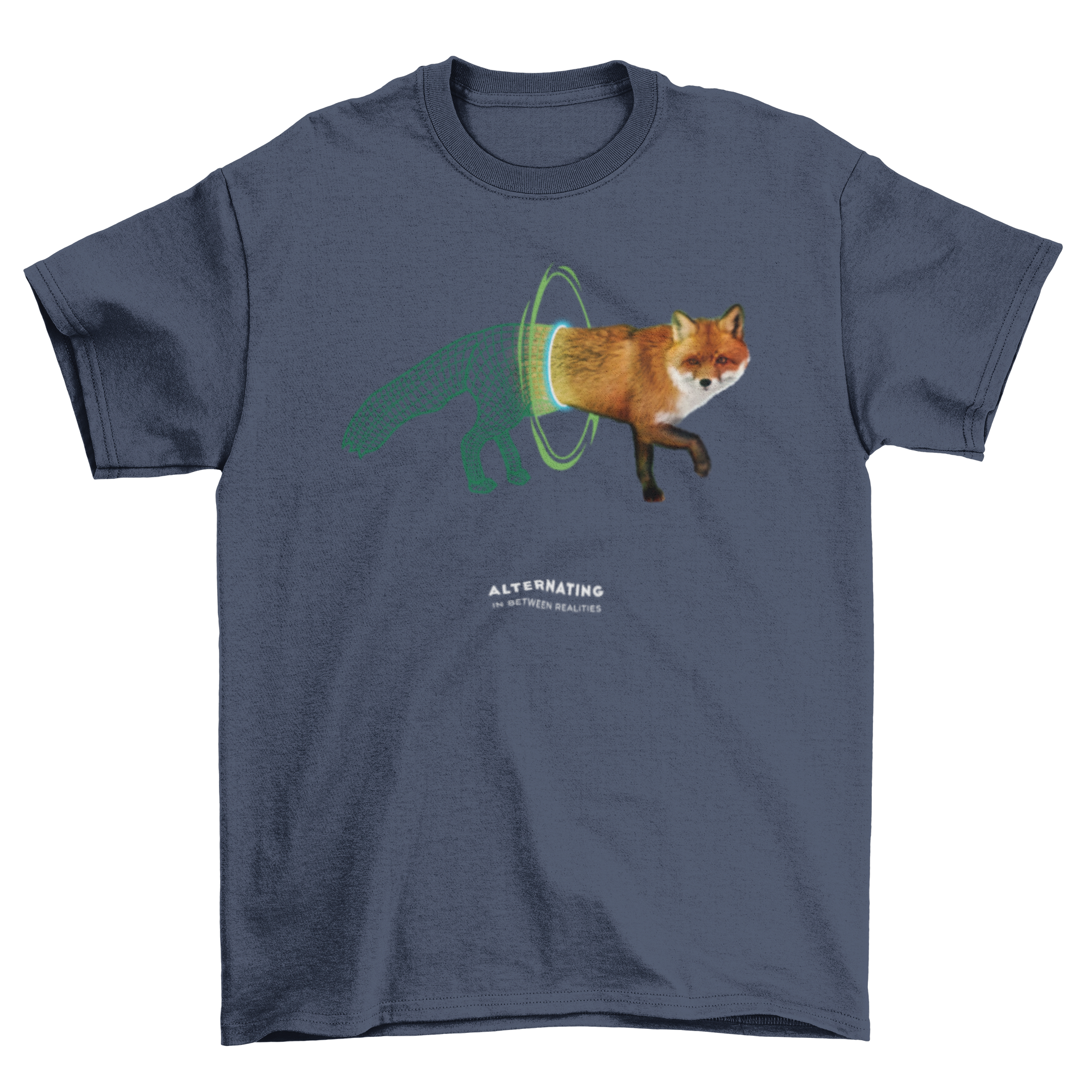 Fashion Wildlife t-shirt featuring a fox walking through a mystical portal, showcasing vibrant colors and intricate design.