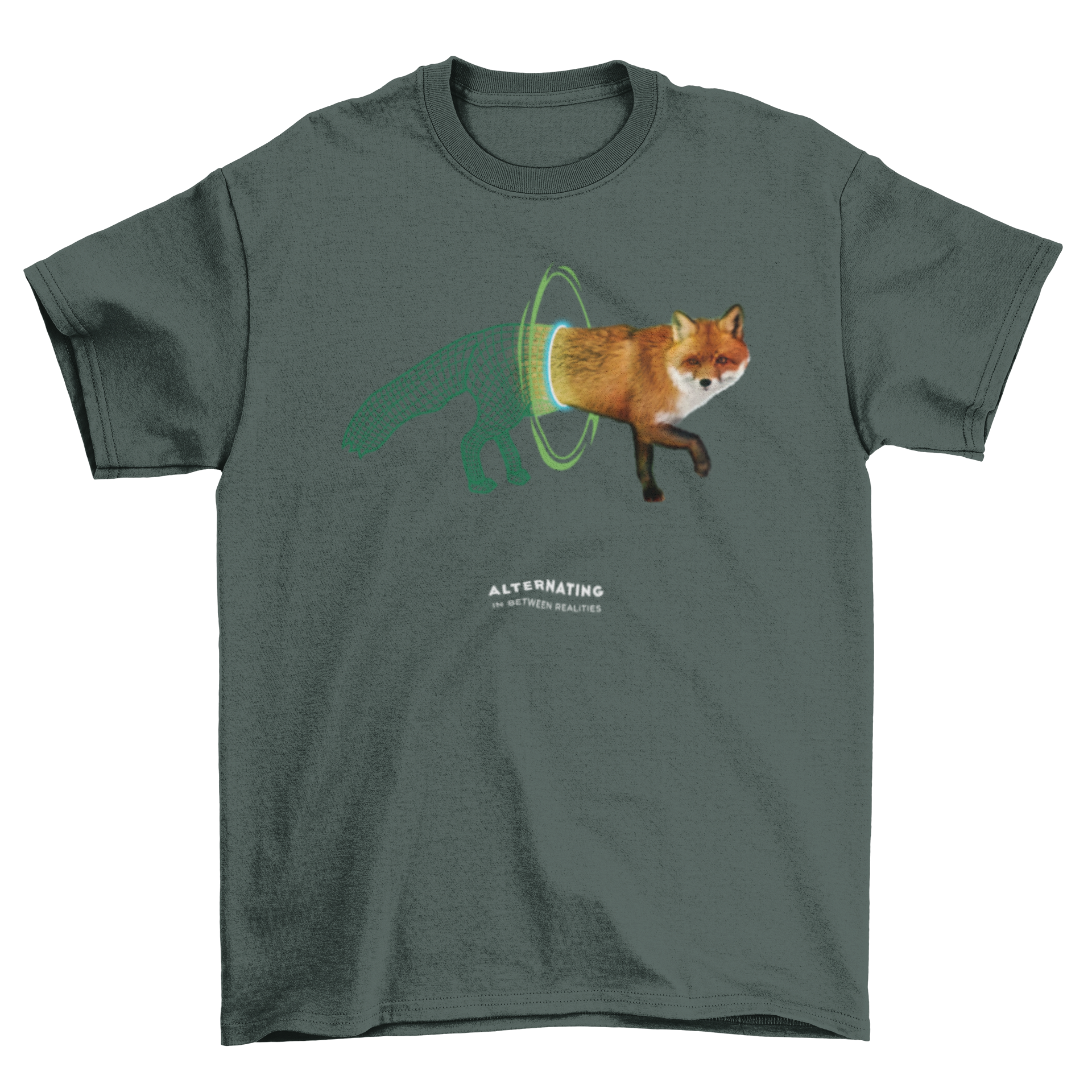 Fashion Wildlife t-shirt featuring a fox walking through a mystical portal, showcasing vibrant colors and intricate design.