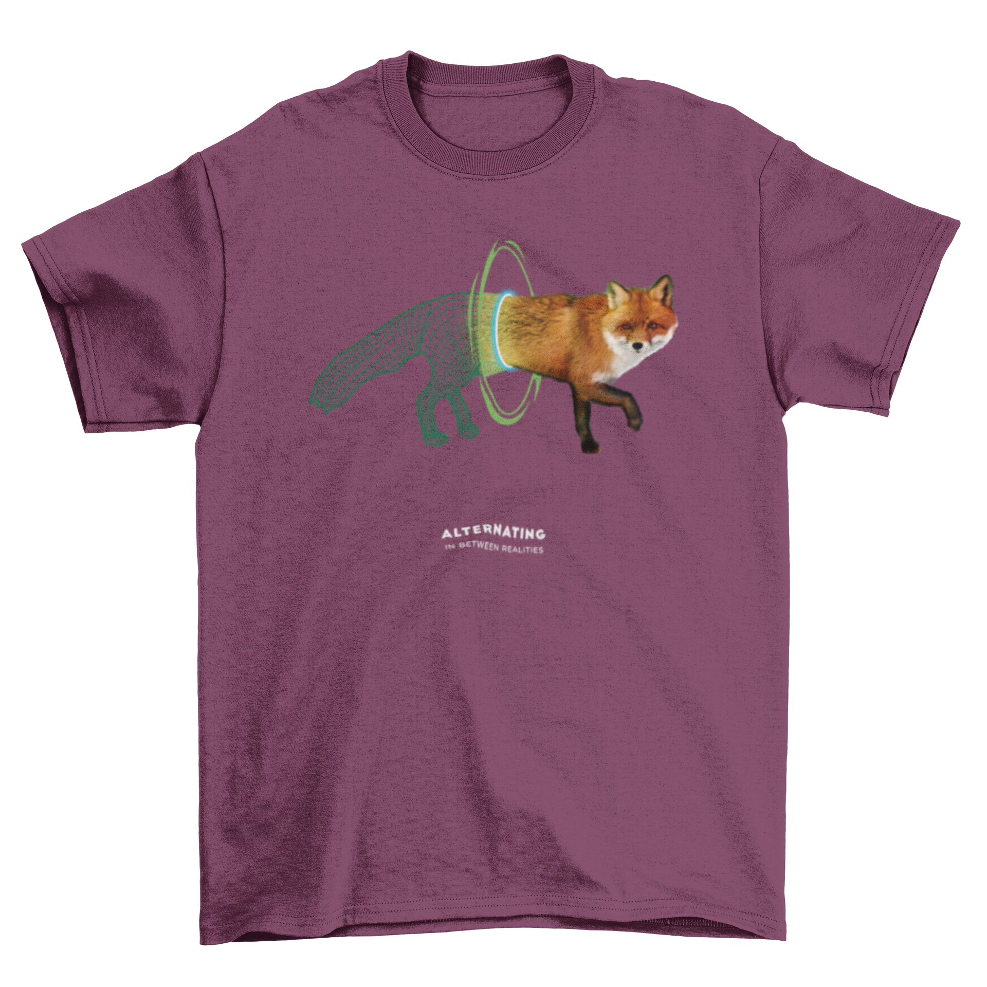 Fashion Wildlife t-shirt featuring a fox walking through a mystical portal, showcasing vibrant colors and intricate design.
