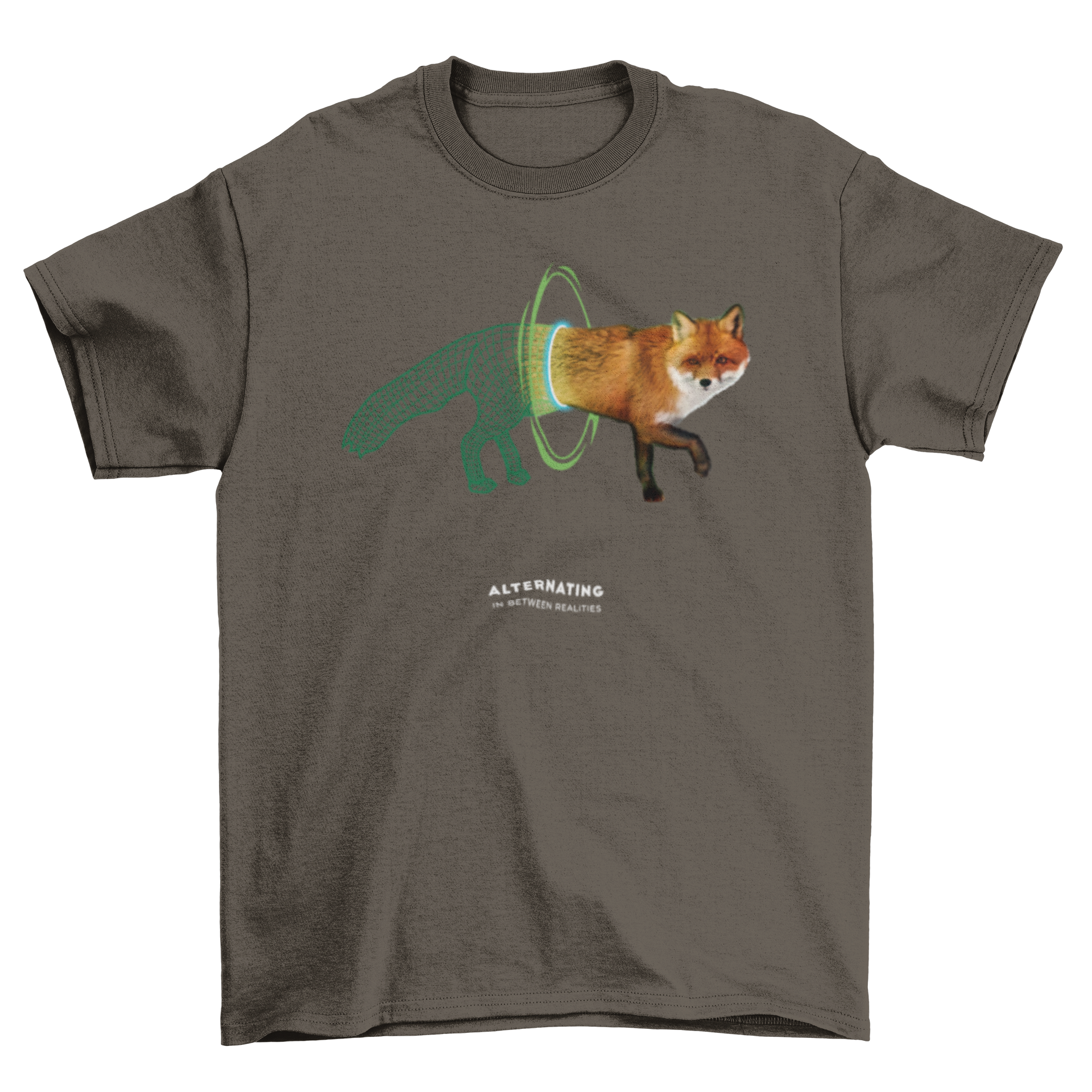 Fashion Wildlife t-shirt featuring a fox walking through a mystical portal, showcasing vibrant colors and intricate design.