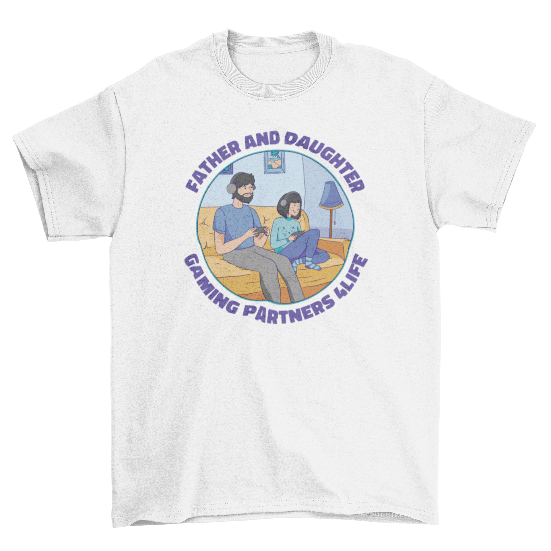 Father and daughter gaming together wearing a stylish t-shirt with a quote about their gaming partnership.