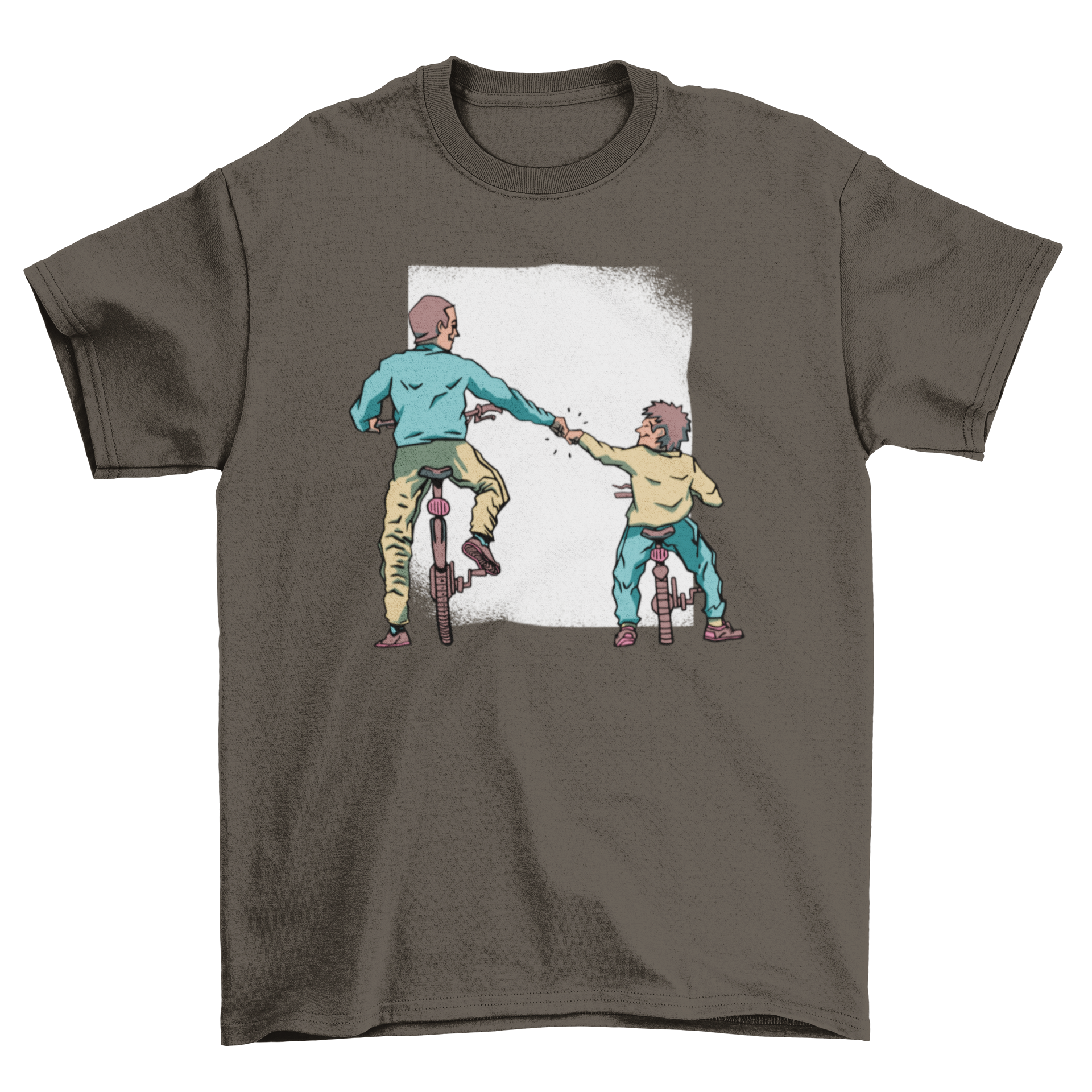 Father and son riding bikes, featured on a stylish t-shirt design.