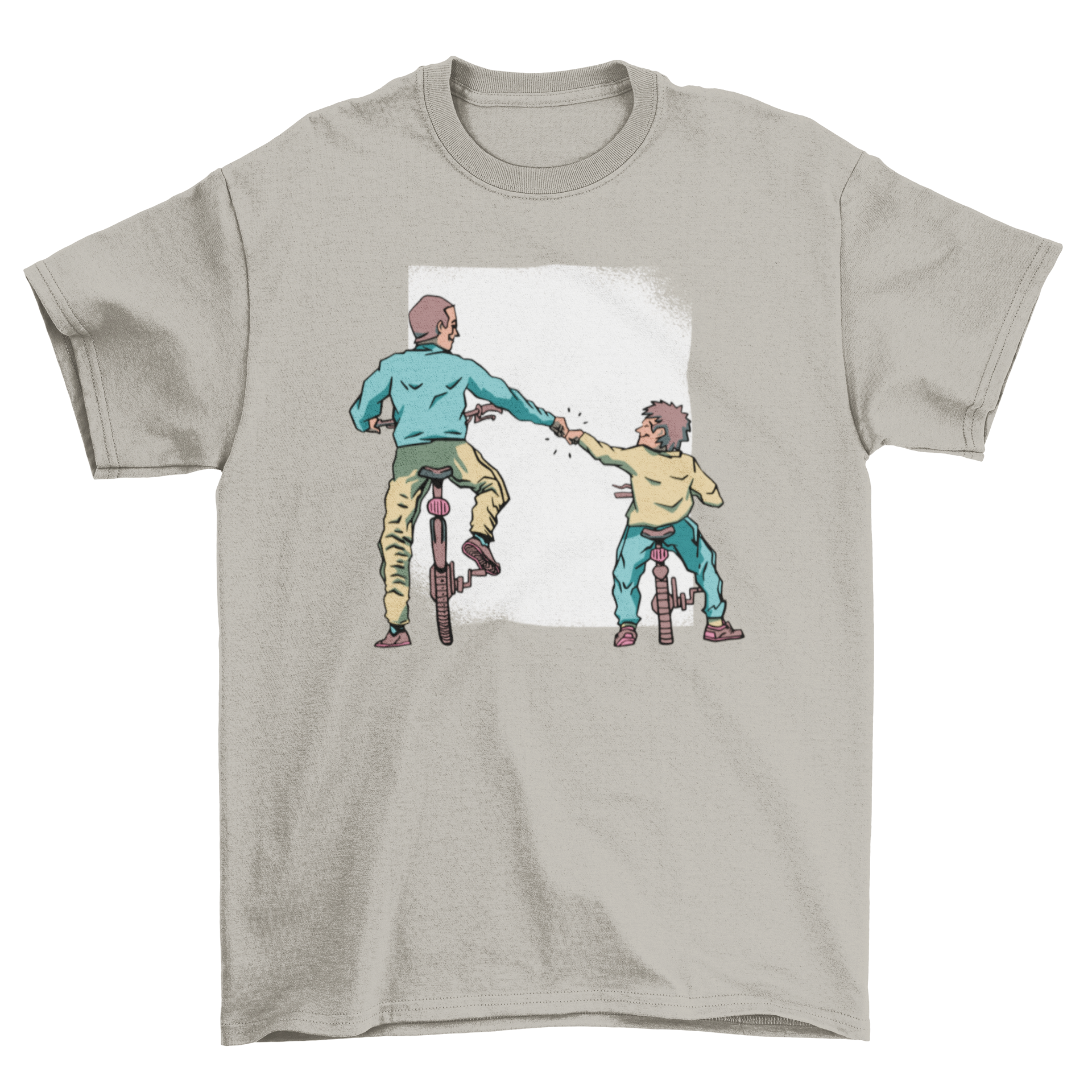 Father and son riding bikes, featured on a stylish t-shirt design.