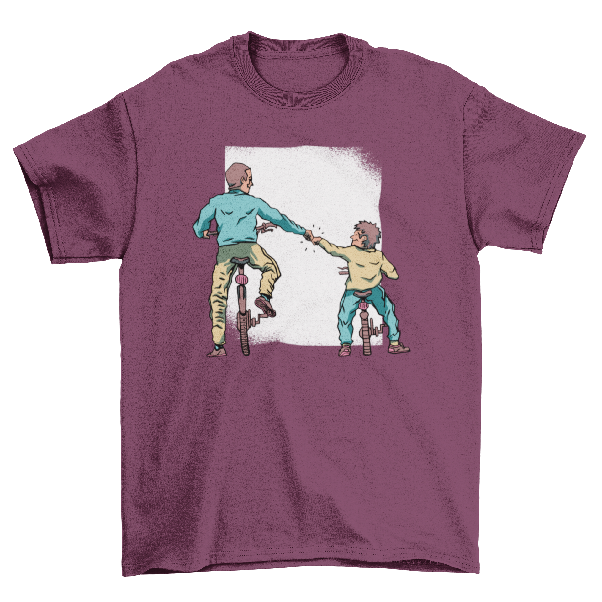 Father and son riding bikes, featured on a stylish t-shirt design.