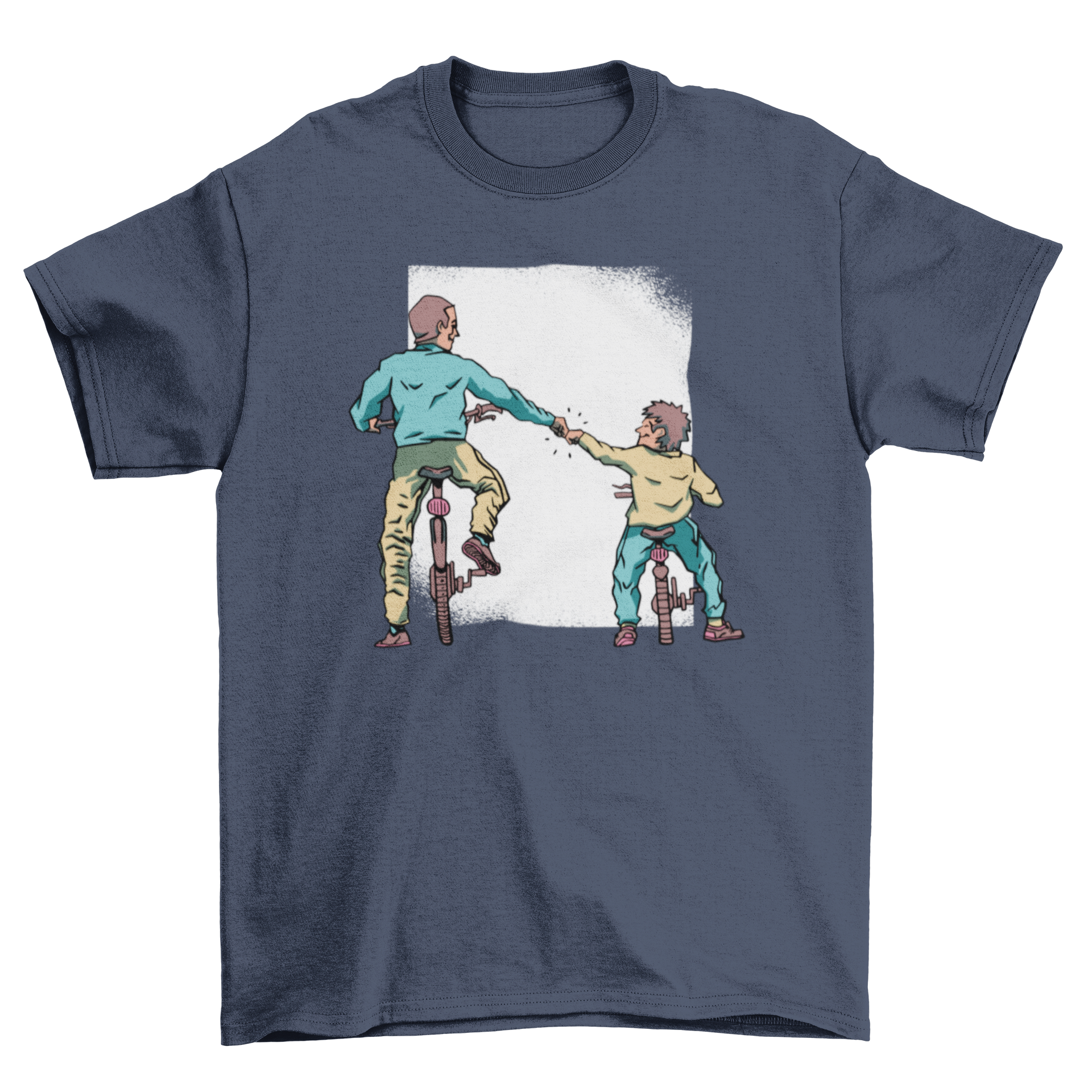Father and son riding bikes, featured on a stylish t-shirt design.