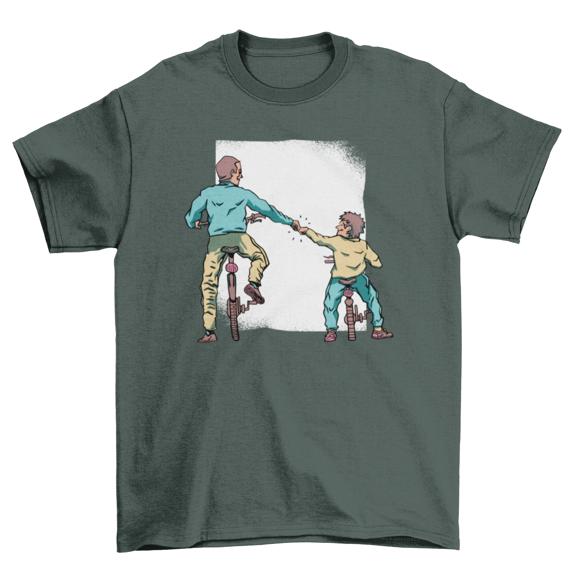 Father and son riding bikes, featured on a stylish t-shirt design.