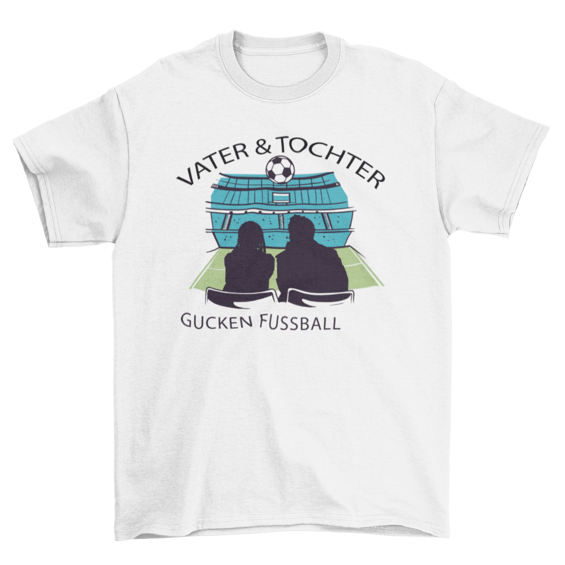 Father daughter soccer t-shirt featuring a silhouette of a man and girl at a stadium with a German quote.