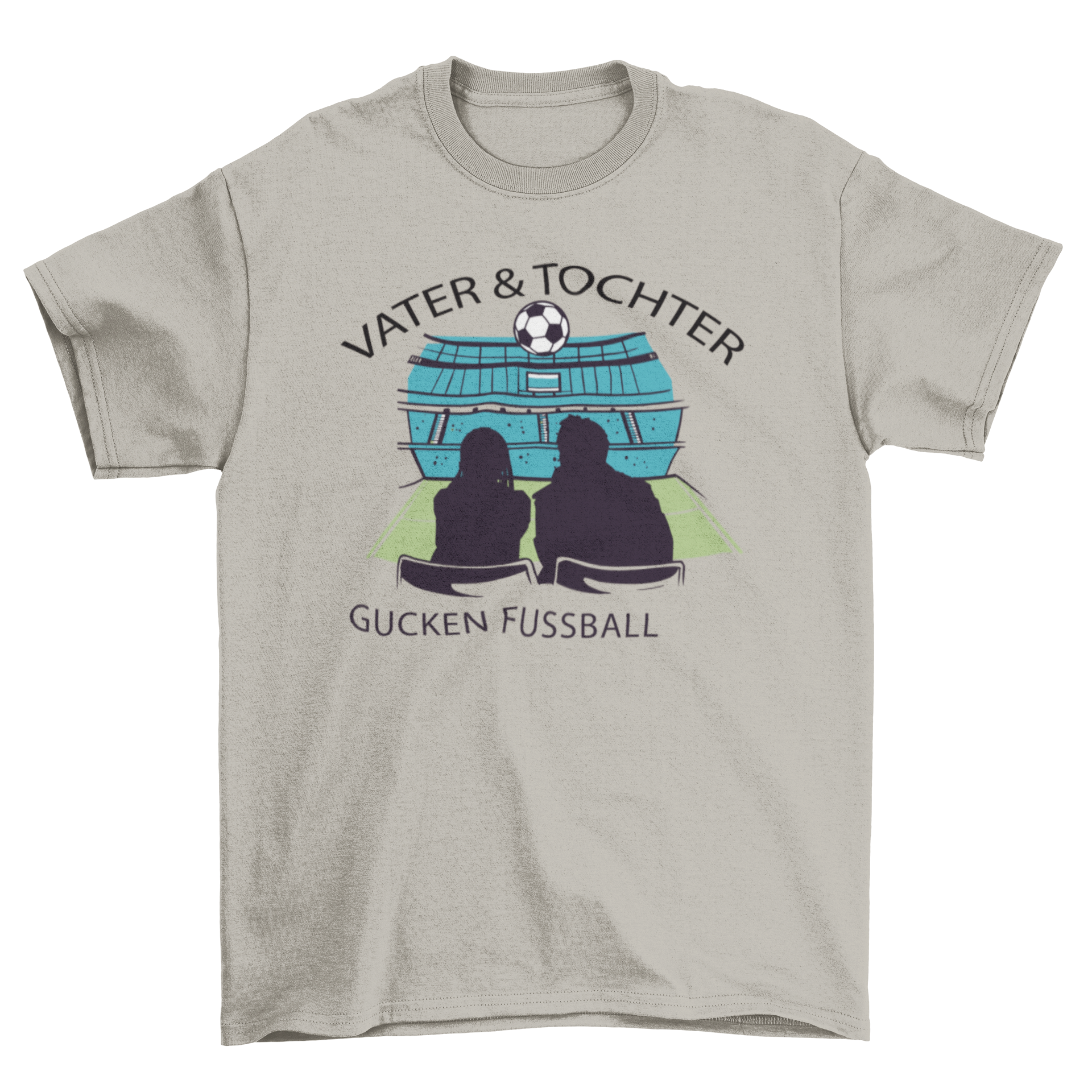 Father daughter soccer t-shirt featuring a silhouette of a man and girl at a stadium with a German quote.