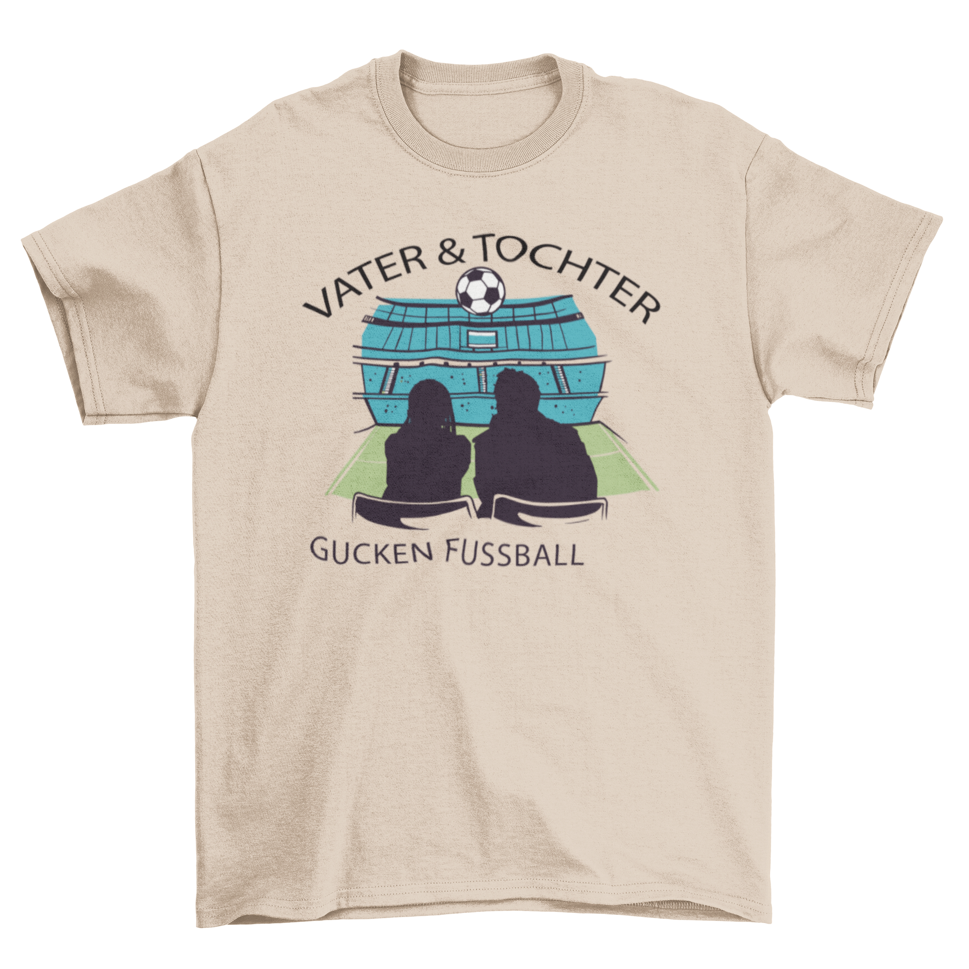 Father daughter soccer t-shirt featuring a silhouette of a man and girl at a stadium with a German quote.