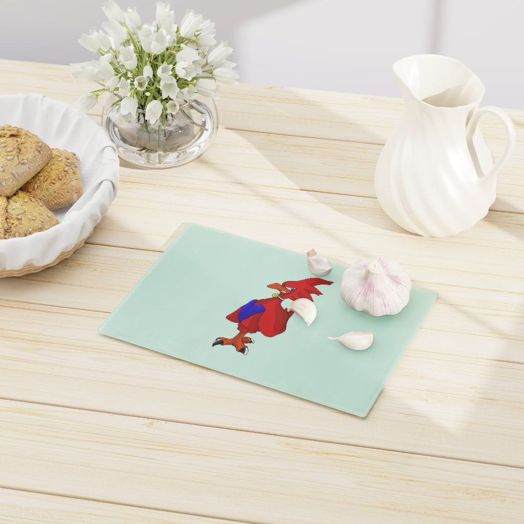 Faulkner Cutting Board made of tempered glass with rubber dots for stability, showcasing a personalized design.