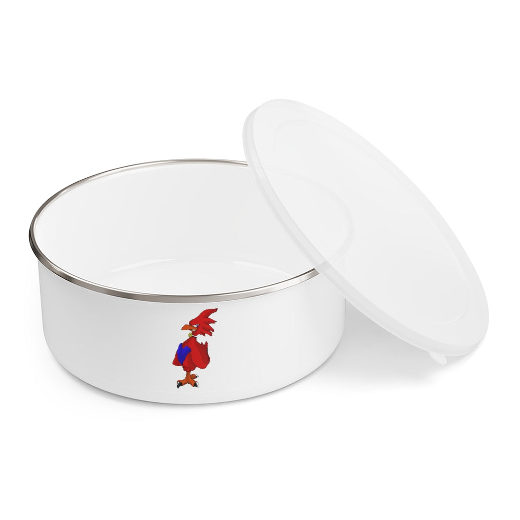 Faulkner Enamel Bowl made of lightweight stainless steel with a translucent plastic lid, featuring an anti-slip backing and customizable exterior.