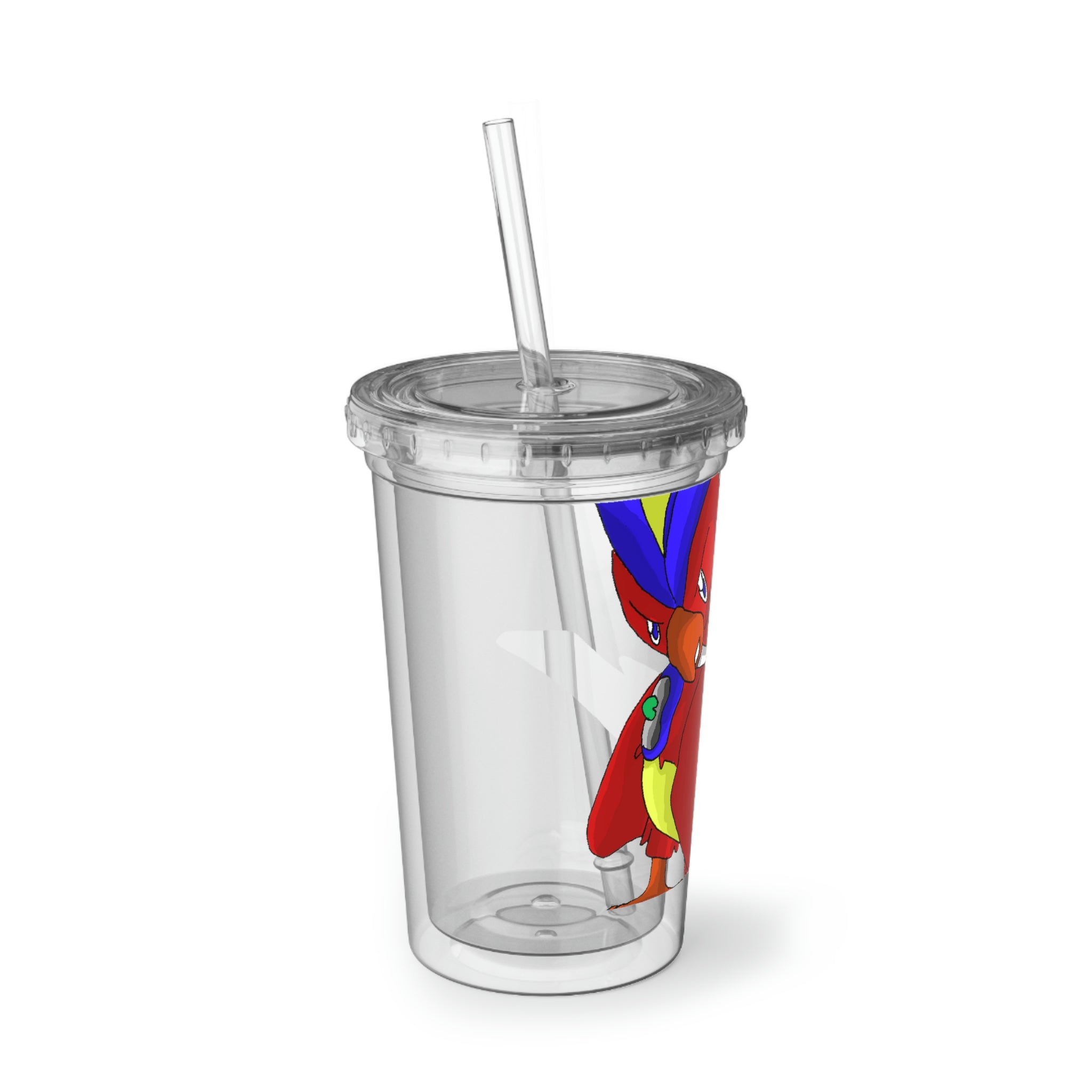 Faulkoneir Suave Acrylic Cup in stainless steel with a black screw-on cap and a plastic straw, showcasing a customizable design.
