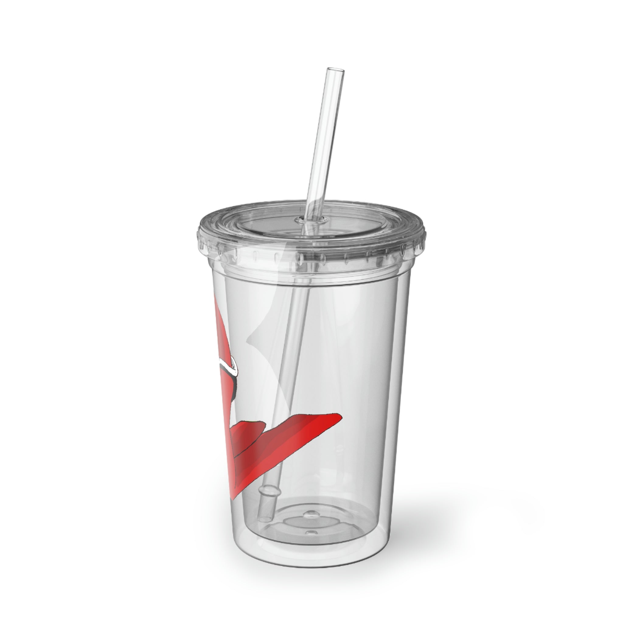 Faulkoneir Suave Acrylic Cup in stainless steel with a black screw-on cap and a plastic straw, showcasing a customizable design.