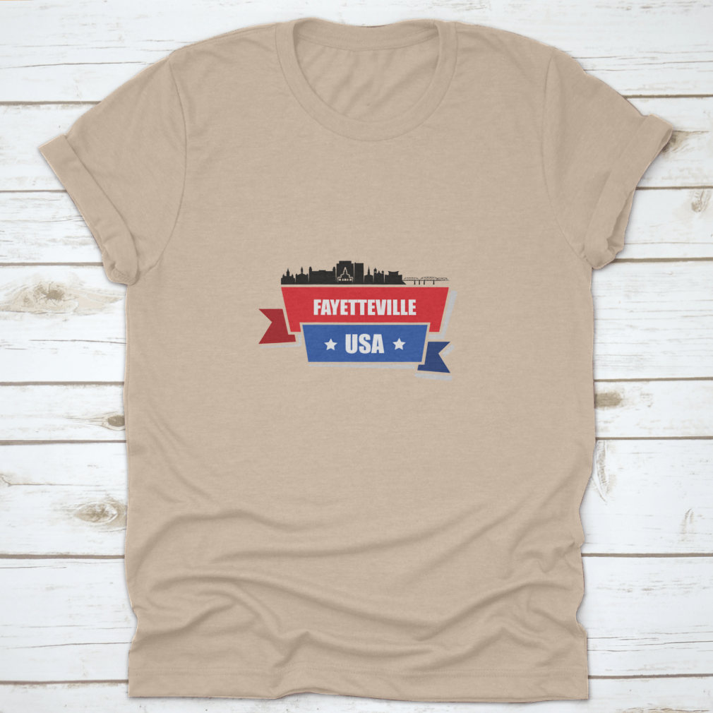 Fayetteville Skyline t-shirt featuring a classic fit and midweight fabric, showcasing the skyline of Fayetteville, North Carolina.