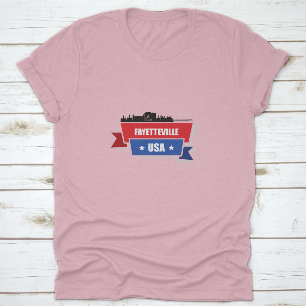 Fayetteville Skyline t-shirt featuring a classic fit and midweight fabric, showcasing the skyline of Fayetteville, North Carolina.