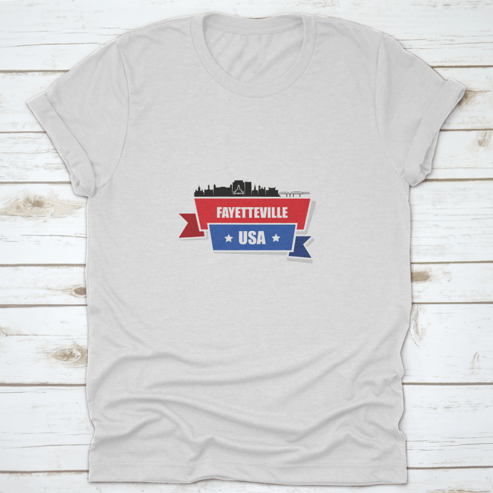 Fayetteville Skyline t-shirt featuring a classic fit and midweight fabric, showcasing the skyline of Fayetteville, North Carolina.
