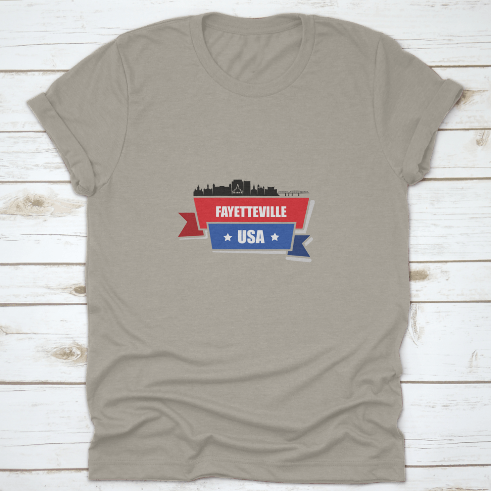 Fayetteville Skyline t-shirt featuring a classic fit and midweight fabric, showcasing the skyline of Fayetteville, North Carolina.