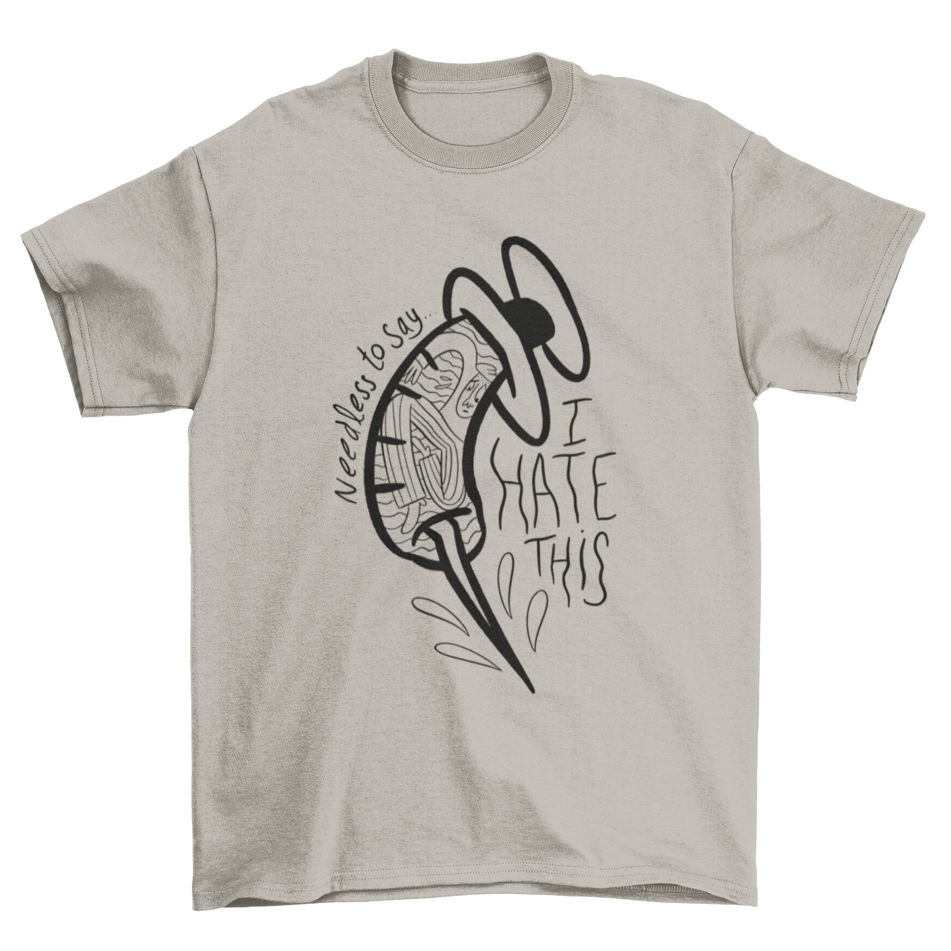 Fear of needles doodle t-shirt featuring a man inside a needle, symbolizing needle phobia.