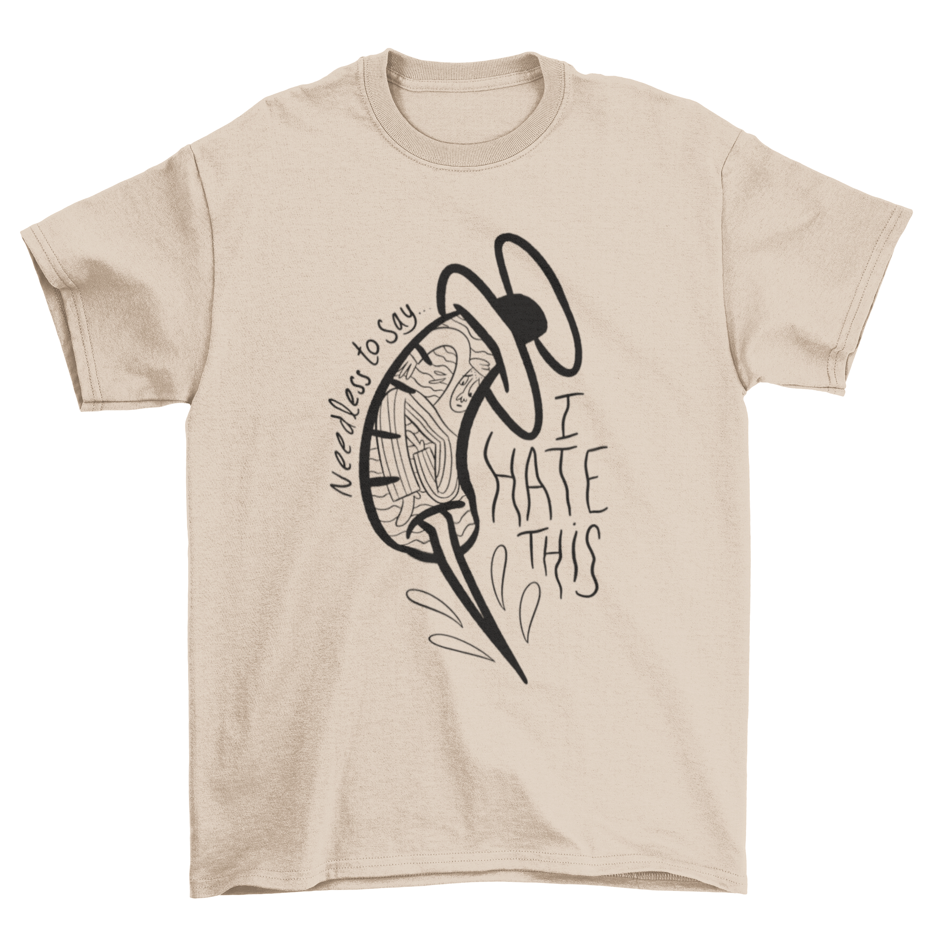 Fear of needles doodle t-shirt featuring a man inside a needle, symbolizing needle phobia.