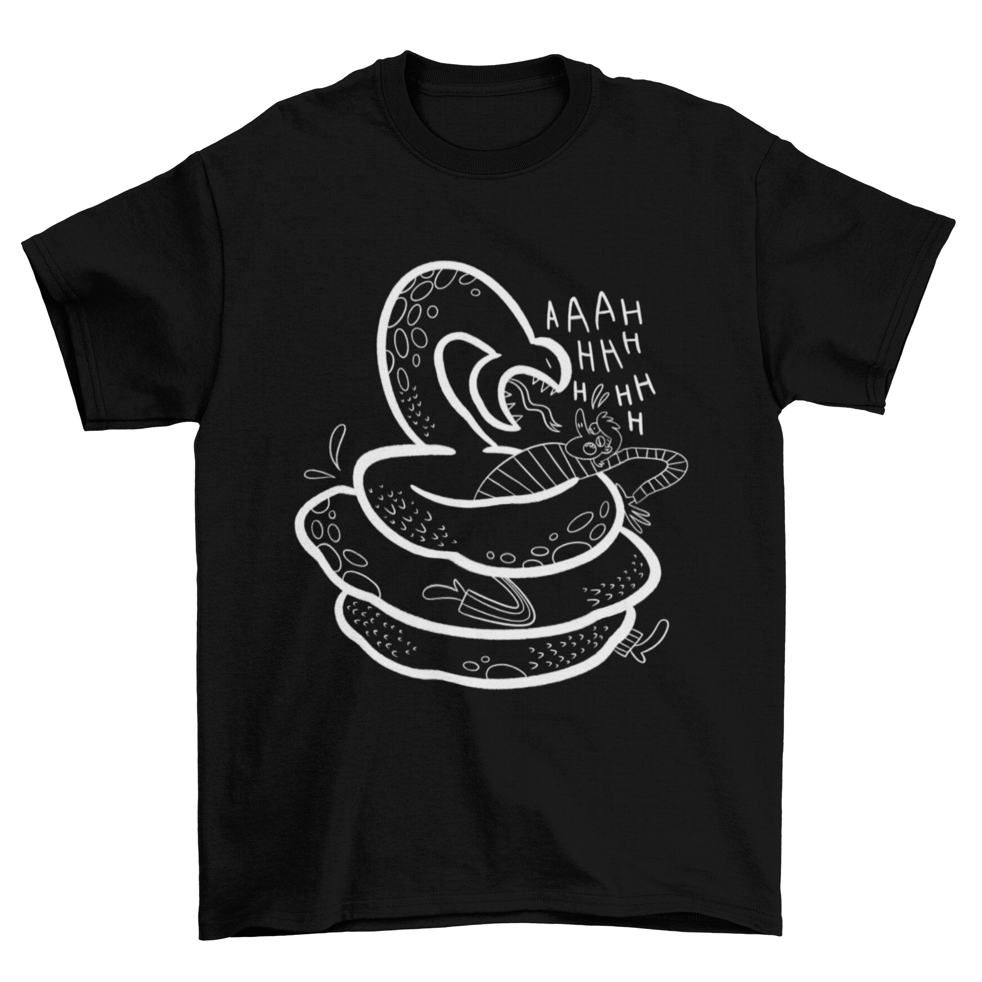 Fear of snakes doodle t-shirt featuring a giant snake illustration grabbing a person in a playful doodle style.