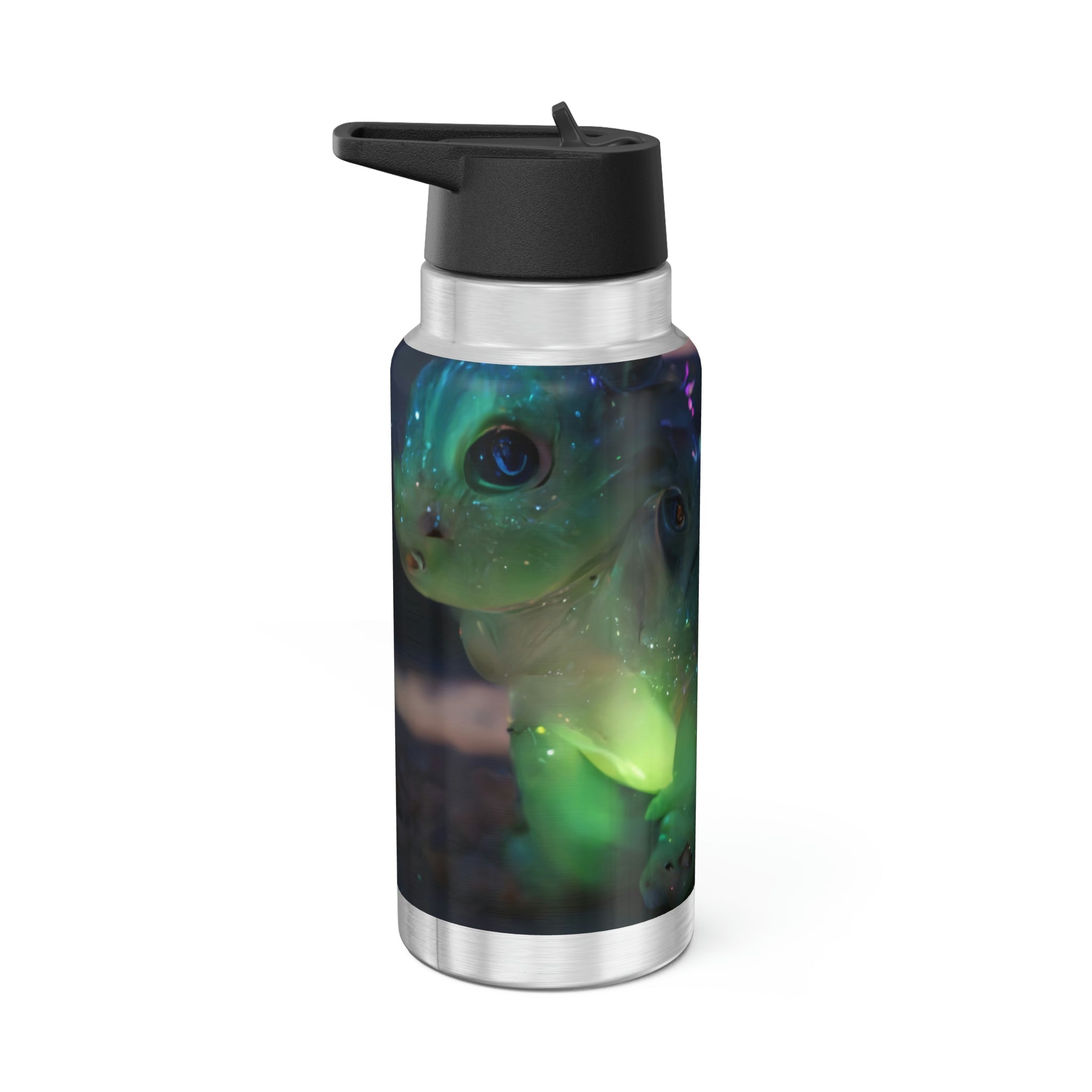 Feathered Dragon Gator Tumbler in stainless steel with a colorful design and black screw-on cap, featuring a plastic straw.