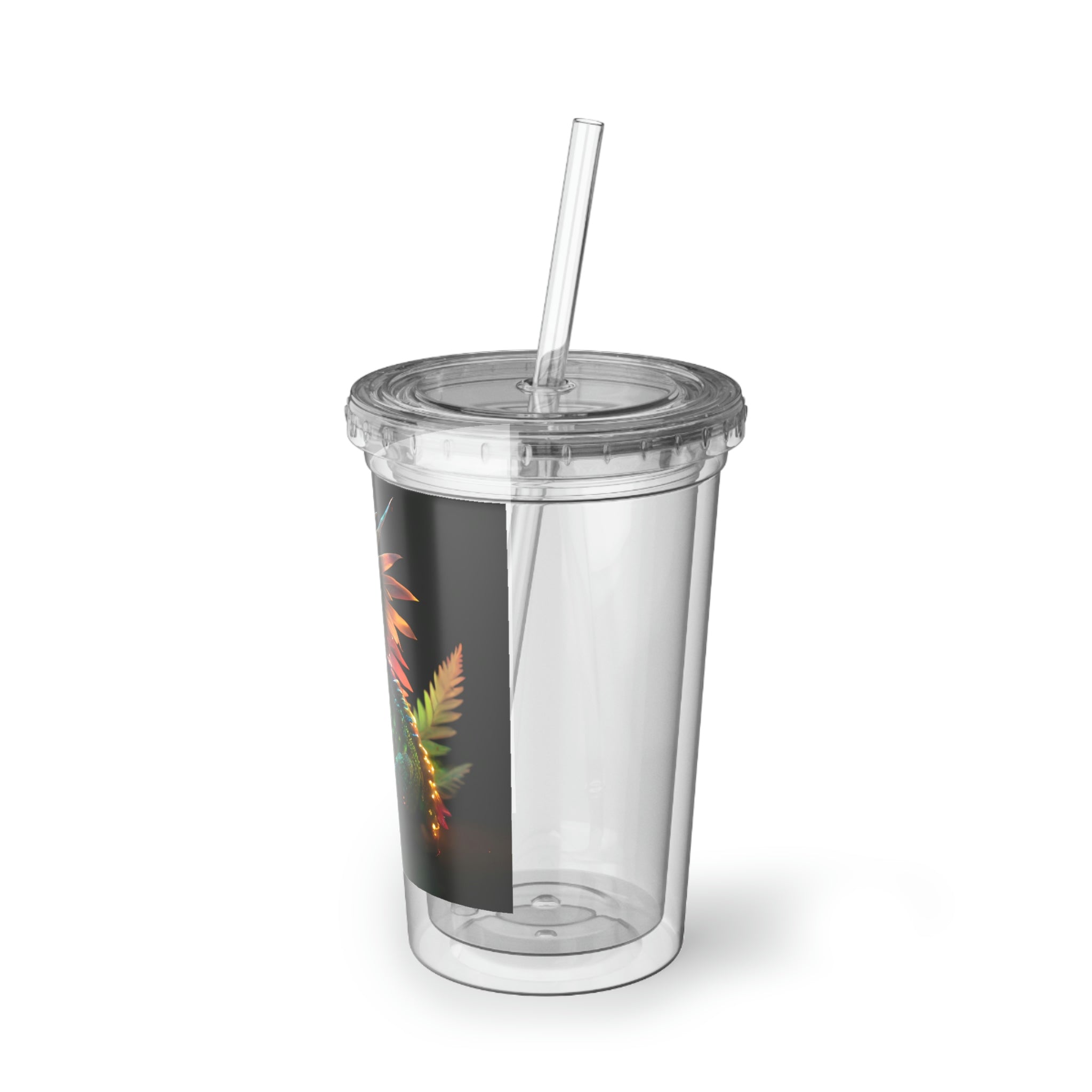 Feathered Dragon Suave Acrylic Cup with vibrant design, stainless steel body, and included plastic straw.